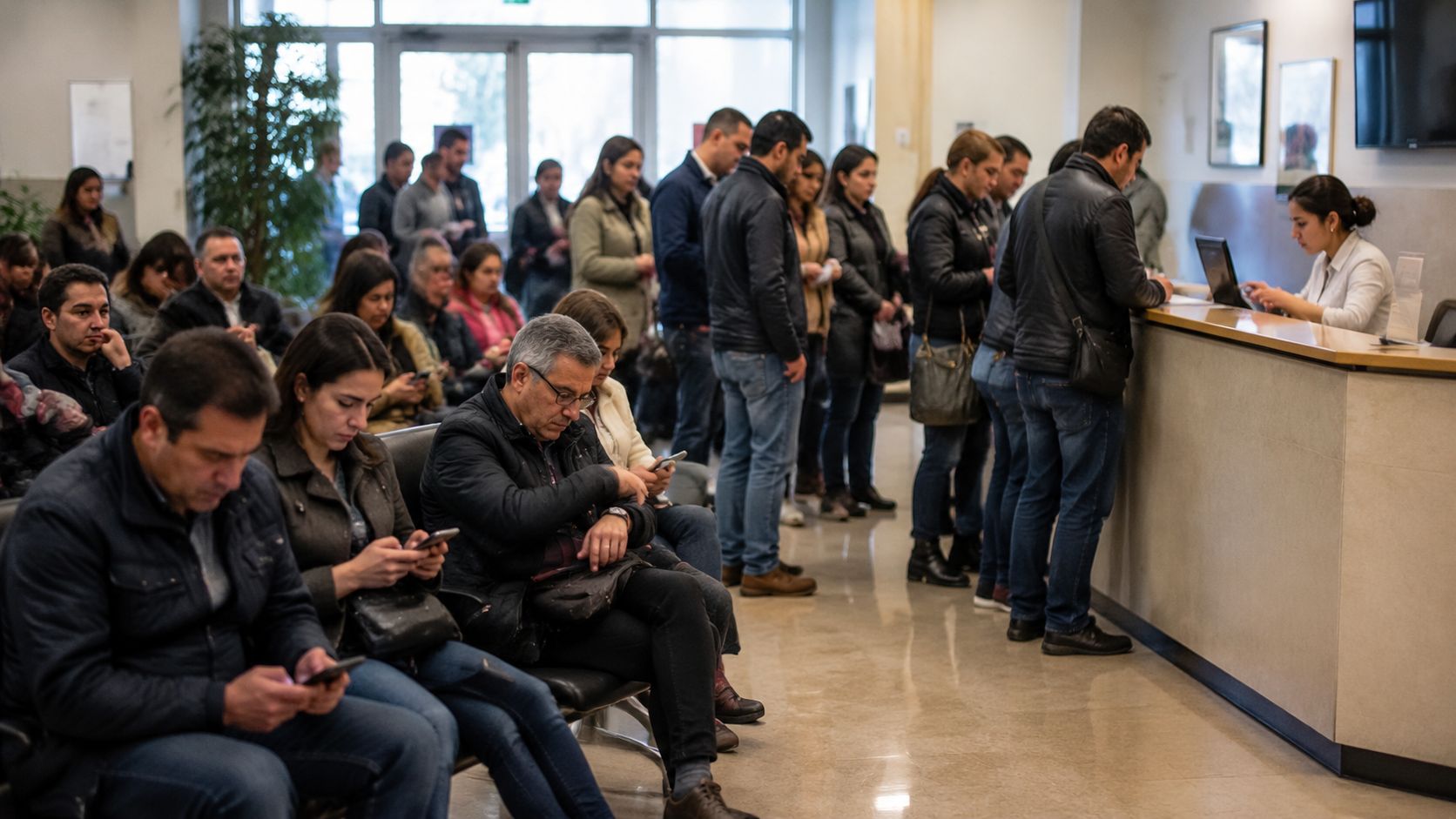 Des personnes attendent patiemment à l'accueil d'un bureau ou d'une clinique avec des écrans d'affichage.