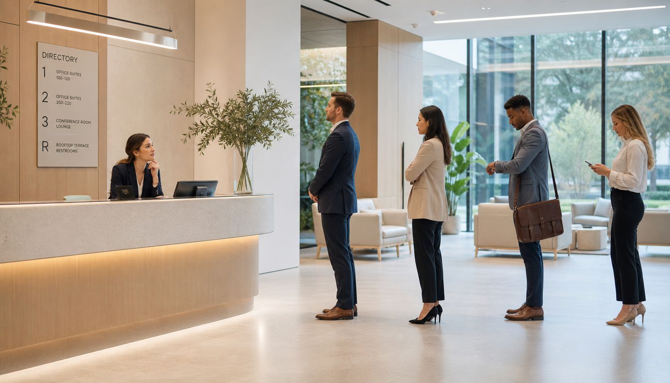 Une réceptionniste accueillant des professionnels faisant la queue dans un hall d'entrée d'entreprise moderne et lumineux.