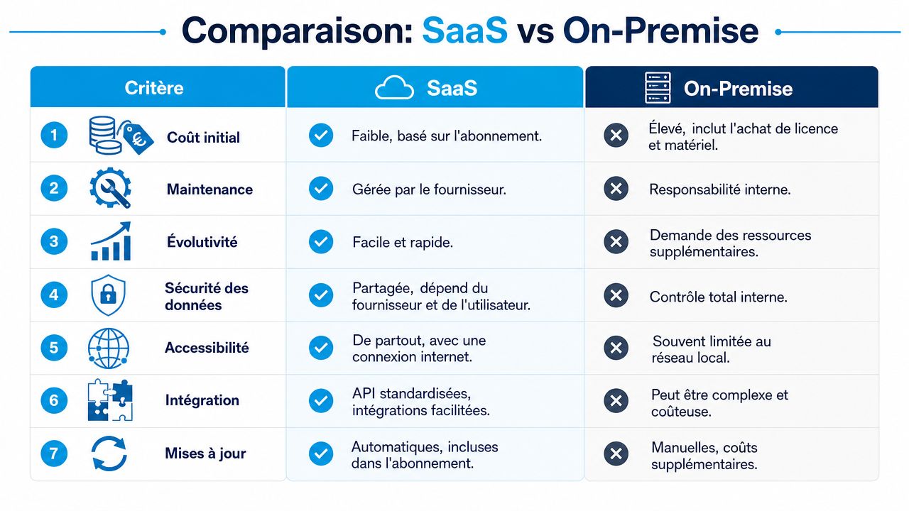 Tableau comparatif illustrant les différences entre les solutions logicielles en mode SaaS et On-Premise.