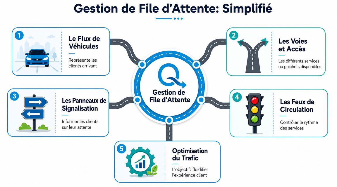 Infographie illustrant les cinq piliers fondamentaux pour une gestion de file d'attente optimisée et simplifiée.