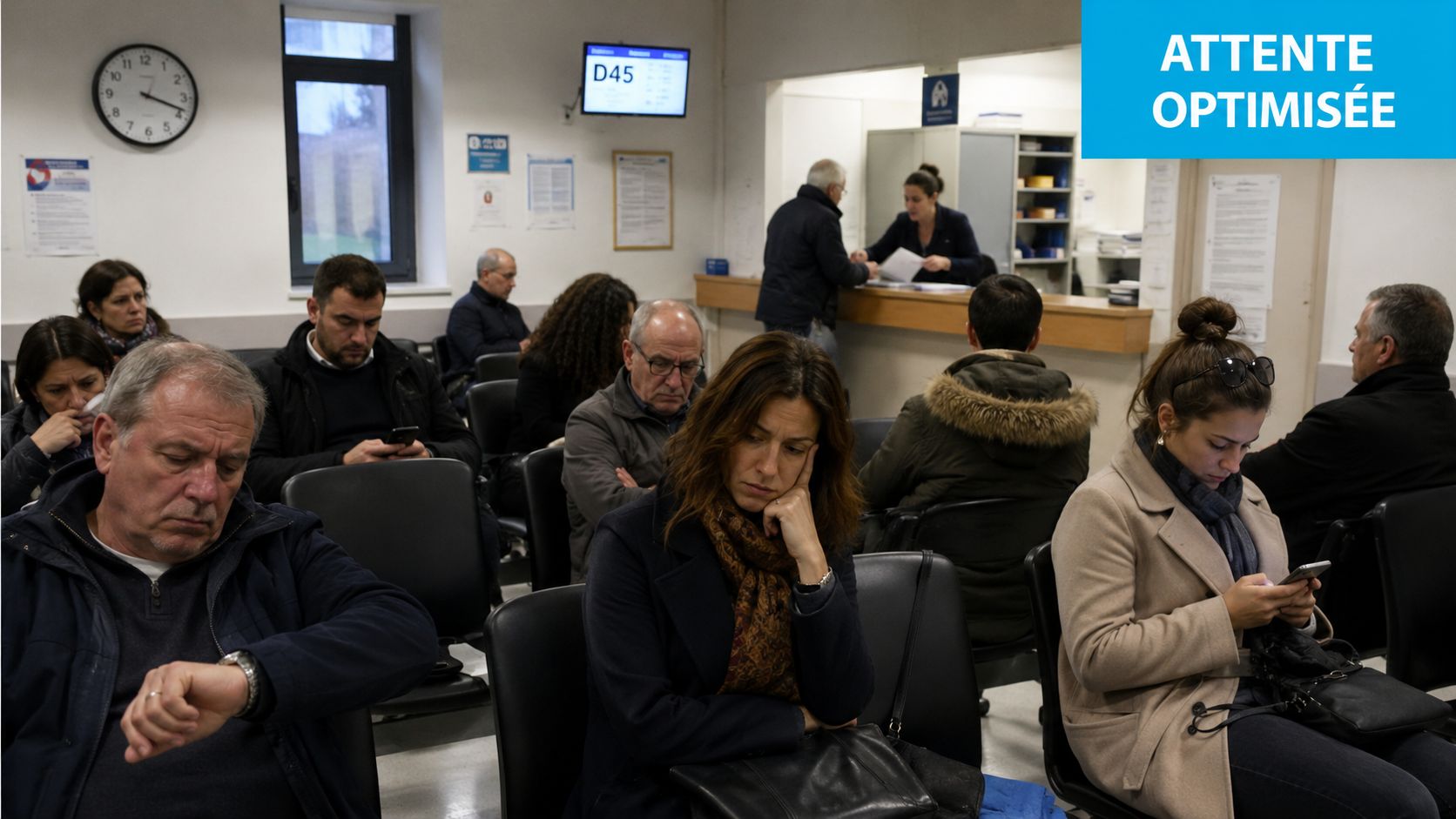 Des personnes attendent patiemment dans une salle d'attente administrative avec un écran affichant leur numéro de passage.