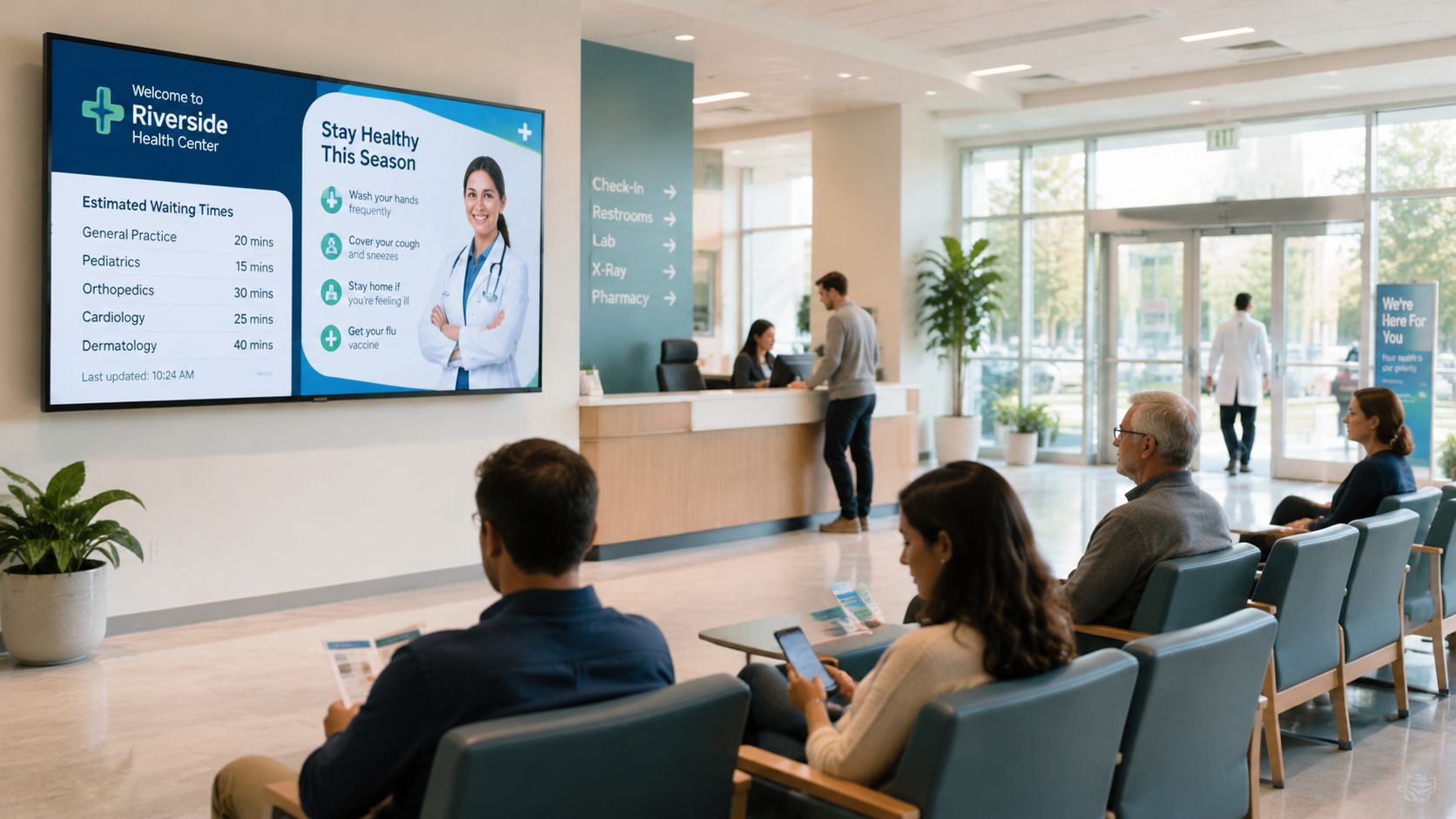 Des patients attendant dans le hall lumineux d'un hôpital devant un écran d'affichage numérique informatif.