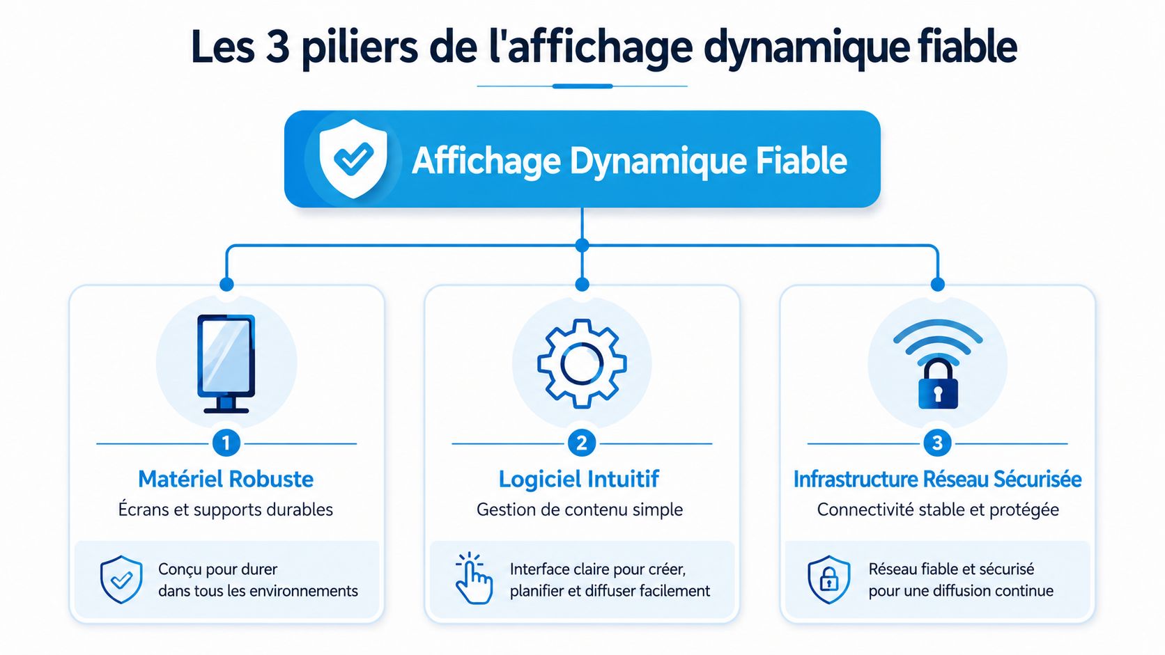 Infographie illustrant les trois piliers essentiels d'un système d'affichage dynamique fiable : matériel, logiciel et réseau.