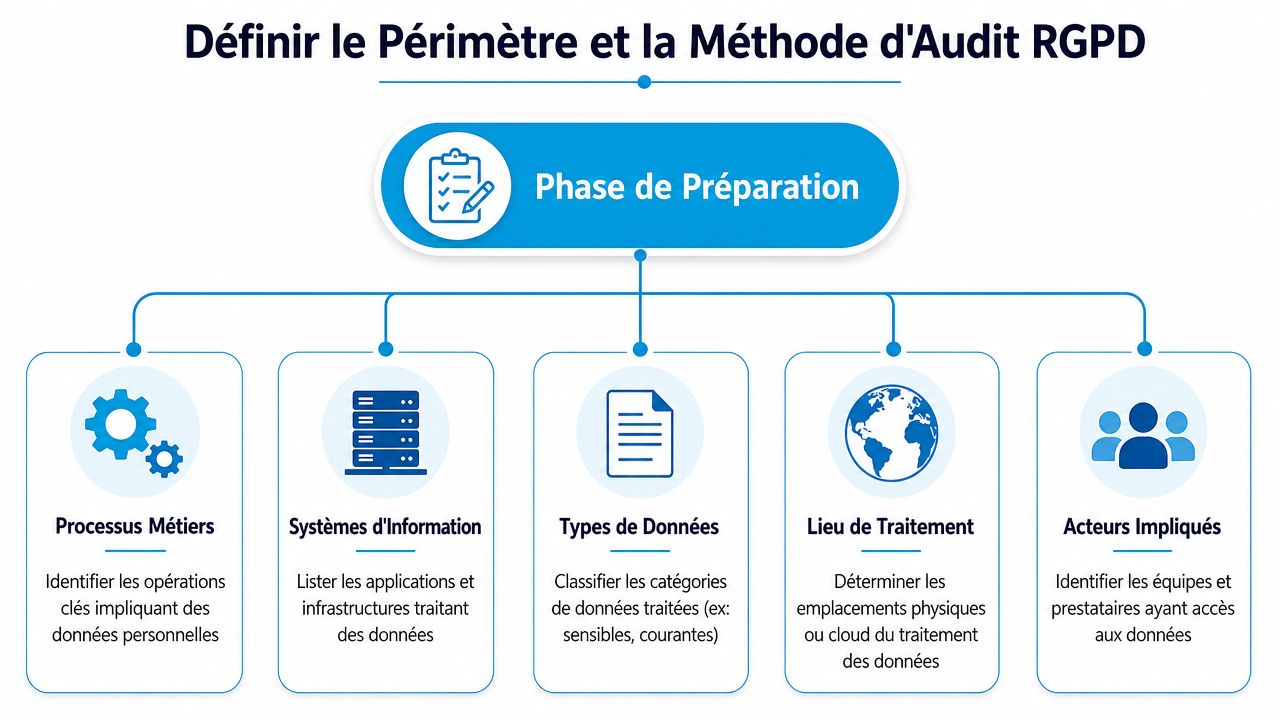 Schéma illustrant les étapes clés de la phase de préparation pour définir un périmètre d'audit de conformité RGPD.