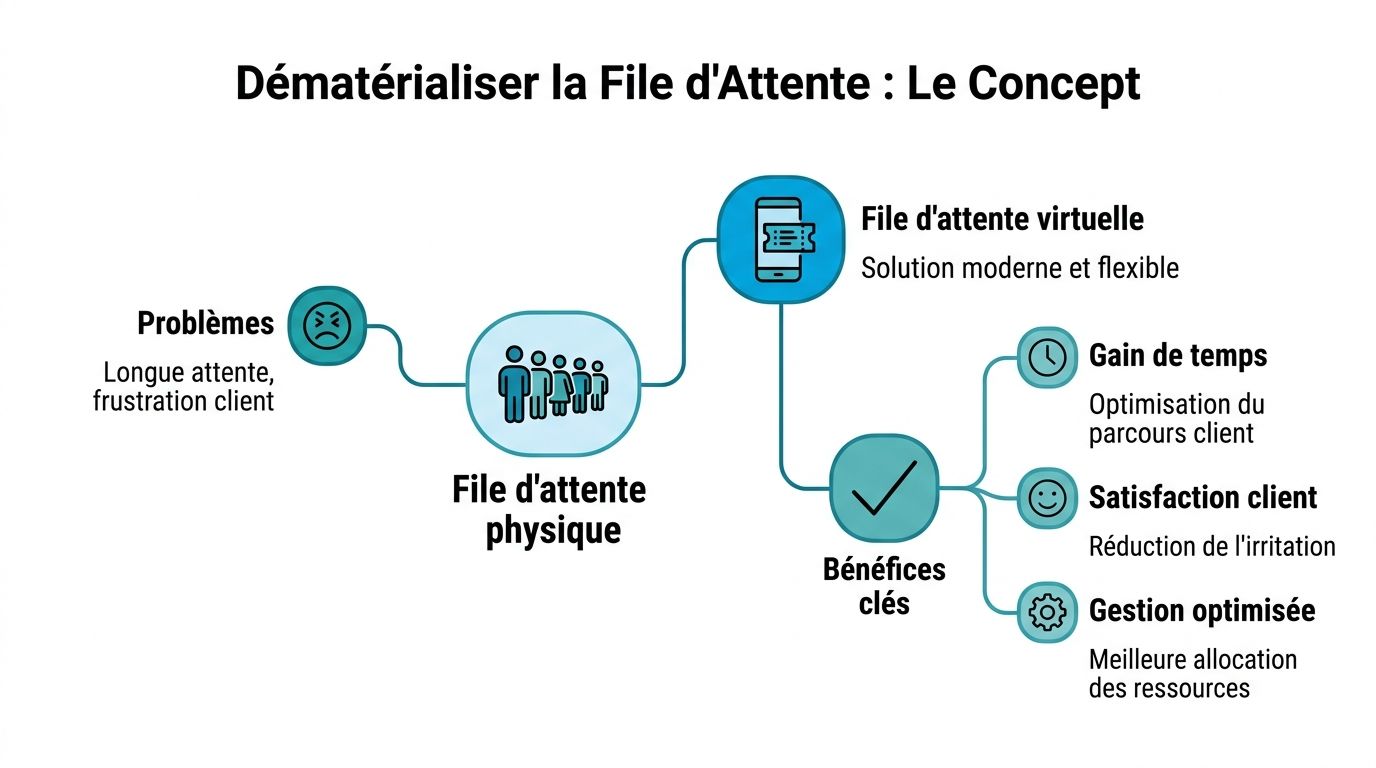 Schéma illustrant le concept de dématérialisation des files d'attente pour améliorer l'expérience et la satisfaction client.