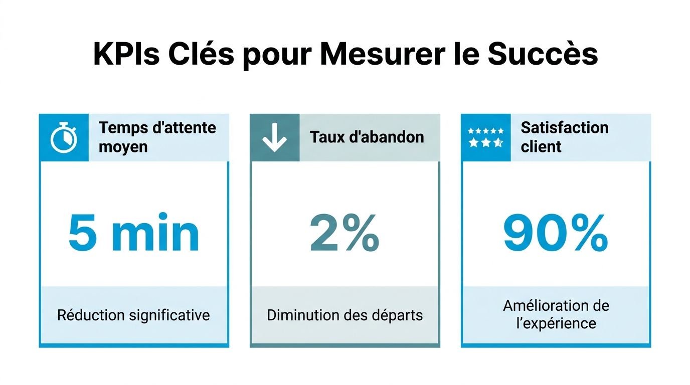 Infographie présentant trois indicateurs clés de performance : temps d'attente, taux d'abandon et satisfaction client.