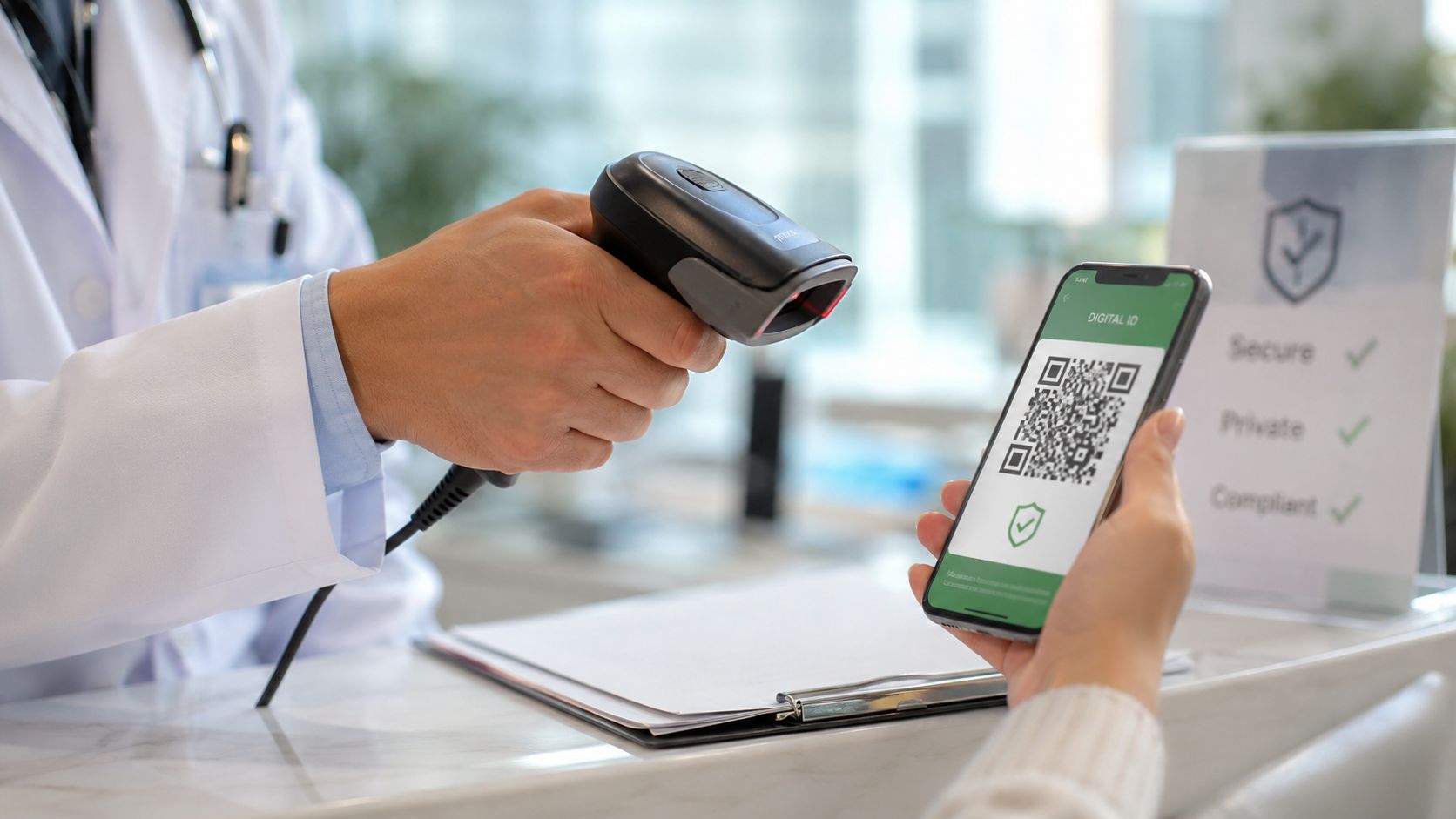 Un médecin utilise un scanner pour lire un code QR sur un smartphone de patient au bureau.