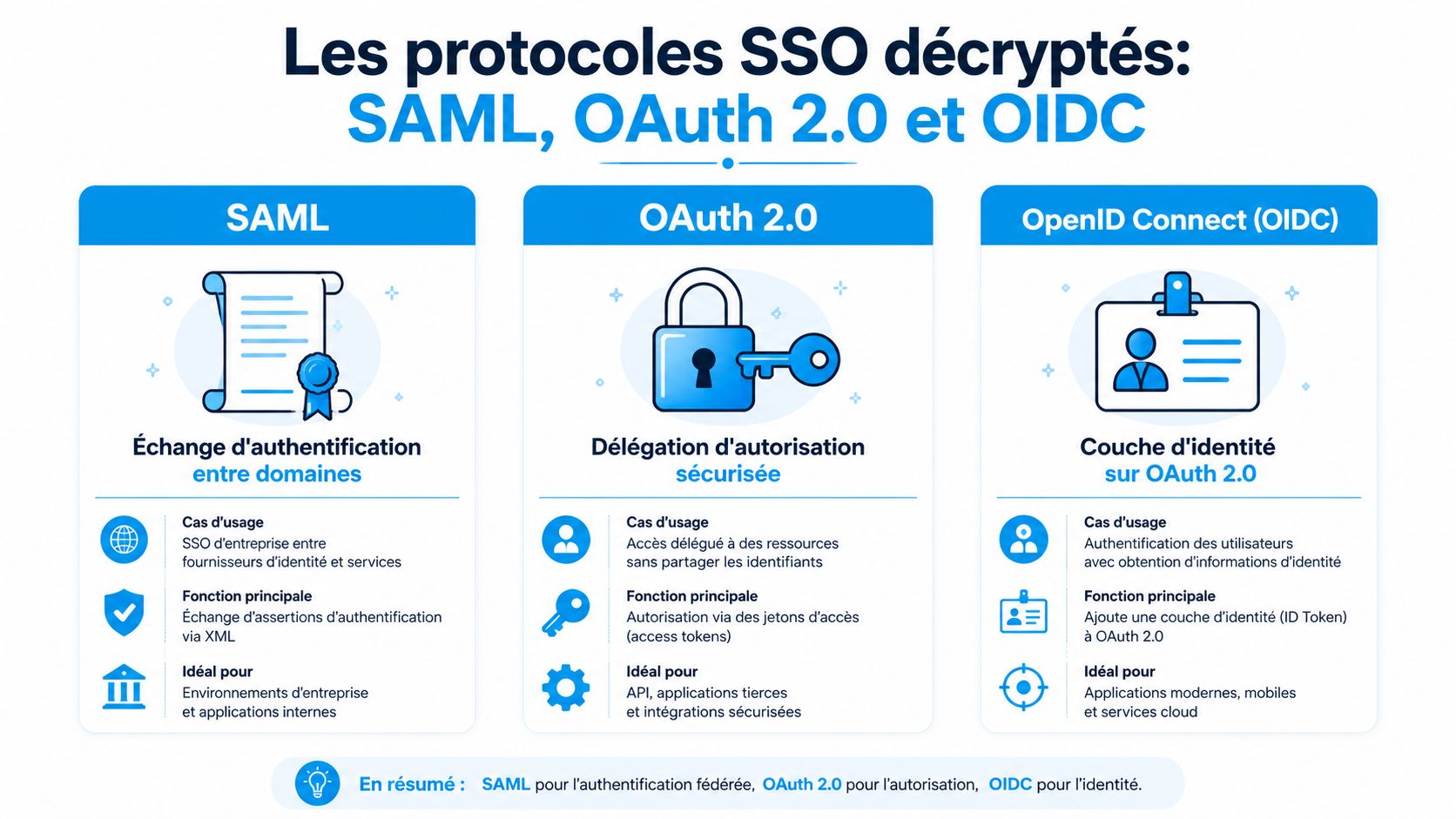 Infographie comparant les protocoles SSO SAML, OAuth 2.0 et OIDC expliquant leurs usages, fonctions et caractéristiques principales.