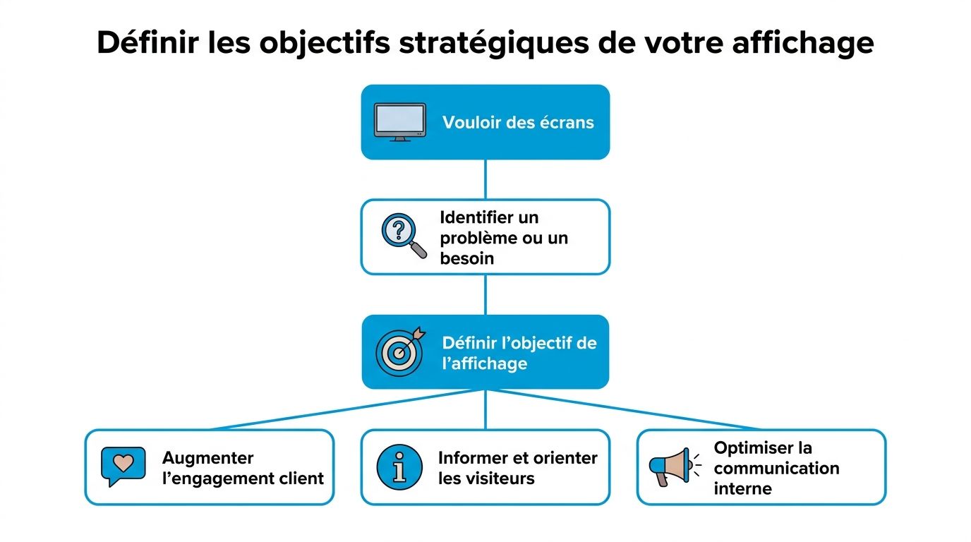 Schéma montrant les étapes pour définir les objectifs stratégiques d'un projet d'affichage numérique en entreprise.