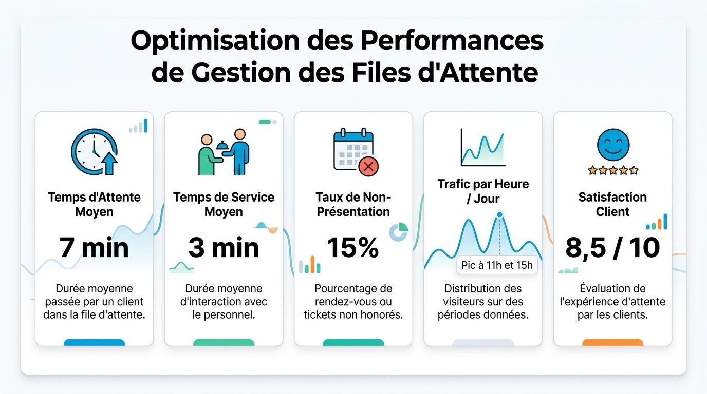 Tableau de bord affichant les indicateurs clés de performance pour l'optimisation de la gestion des files d'attente.