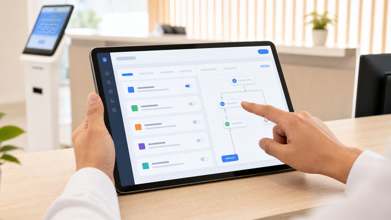 Une personne utilisant une tablette numérique pour gérer un système de file d'attente automatisé dans un bureau.