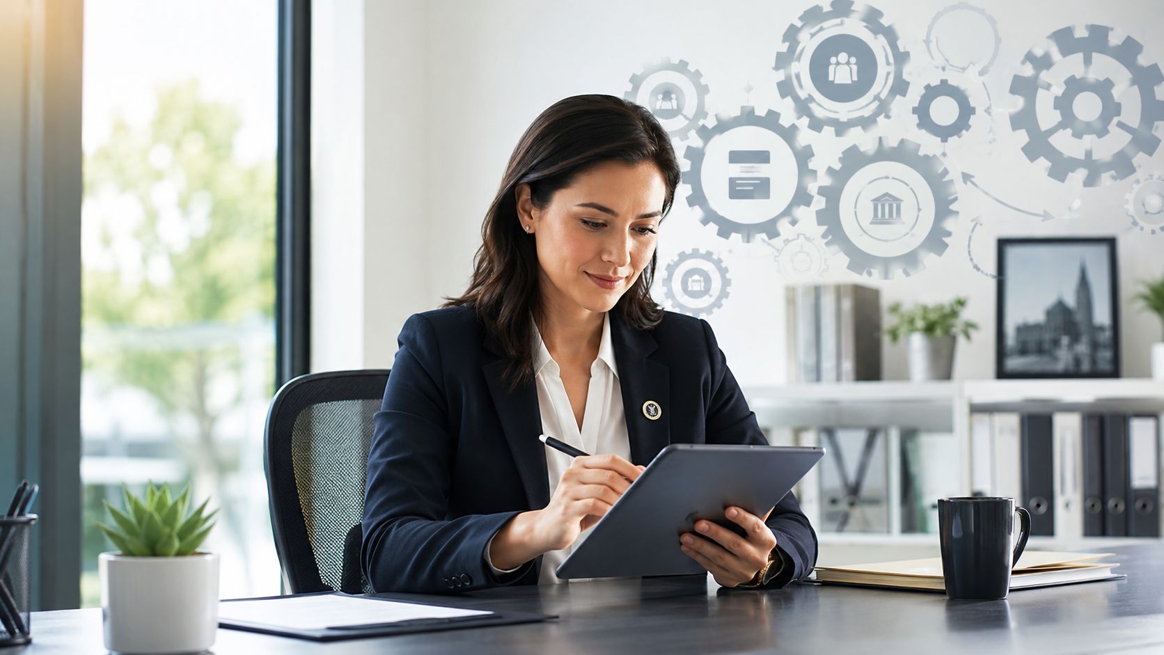 Une femme d'affaires souriante utilise une tablette numérique dans un bureau avec des icônes de processus métier.