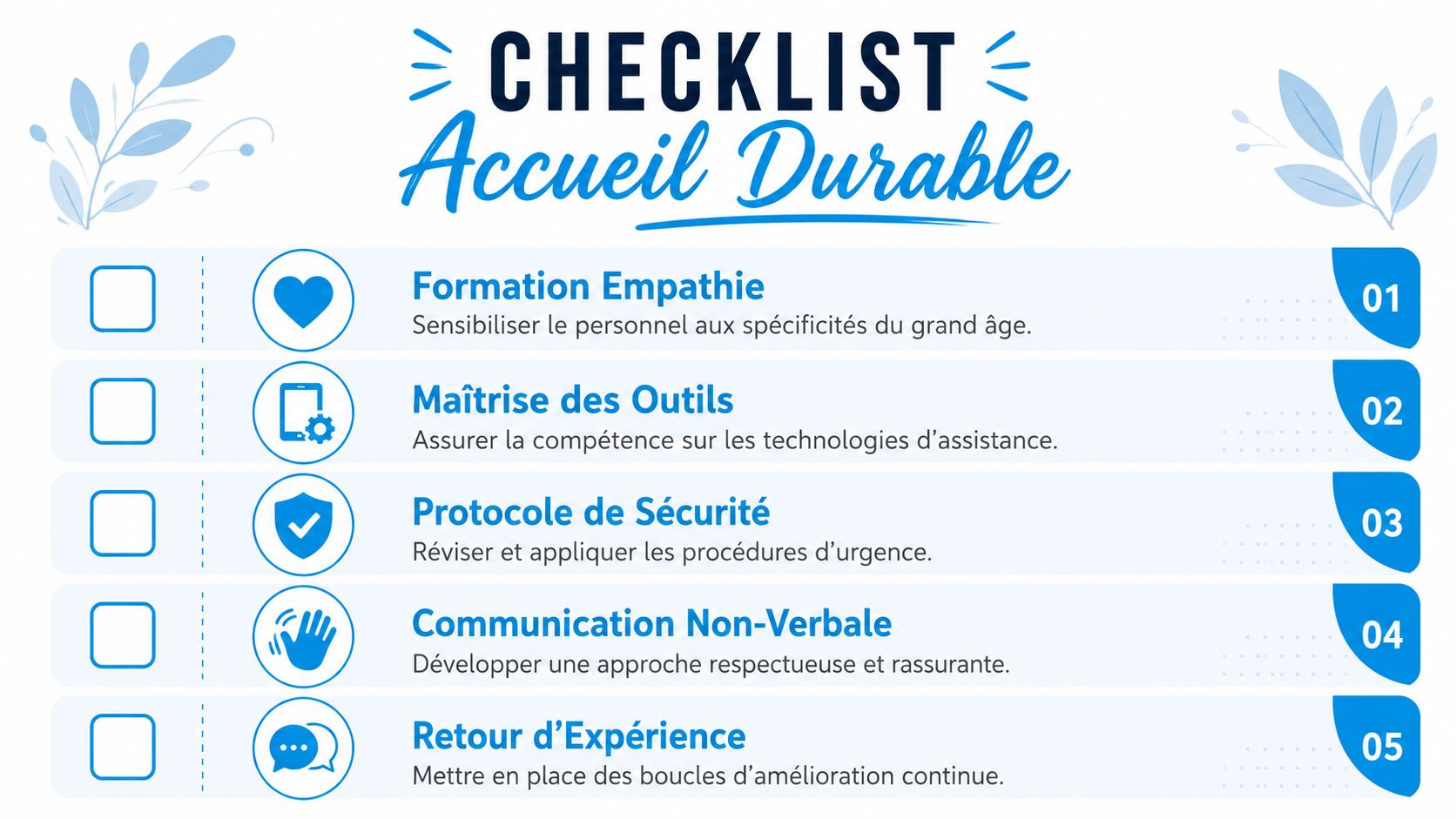 Checklist pour l'accueil durable des personnes âgées, listant cinq étapes clés pour améliorer la qualité des services.