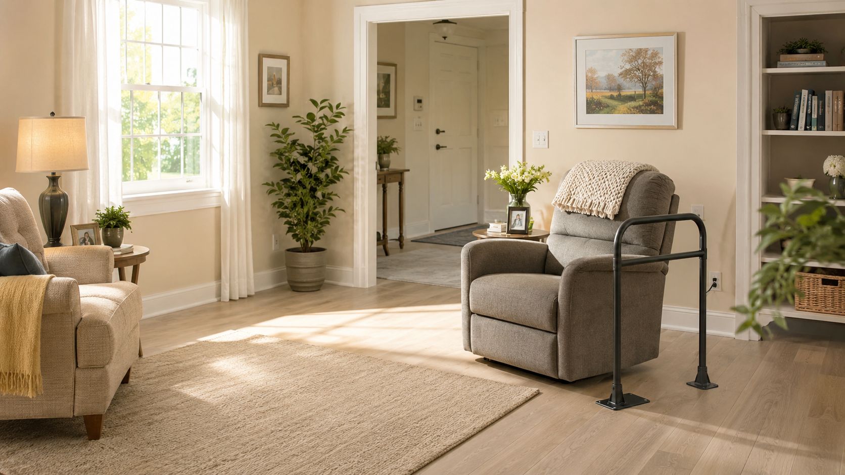 Un fauteuil inclinable confortable avec une rampe d'assistance pour aider les personnes âgées à se lever.