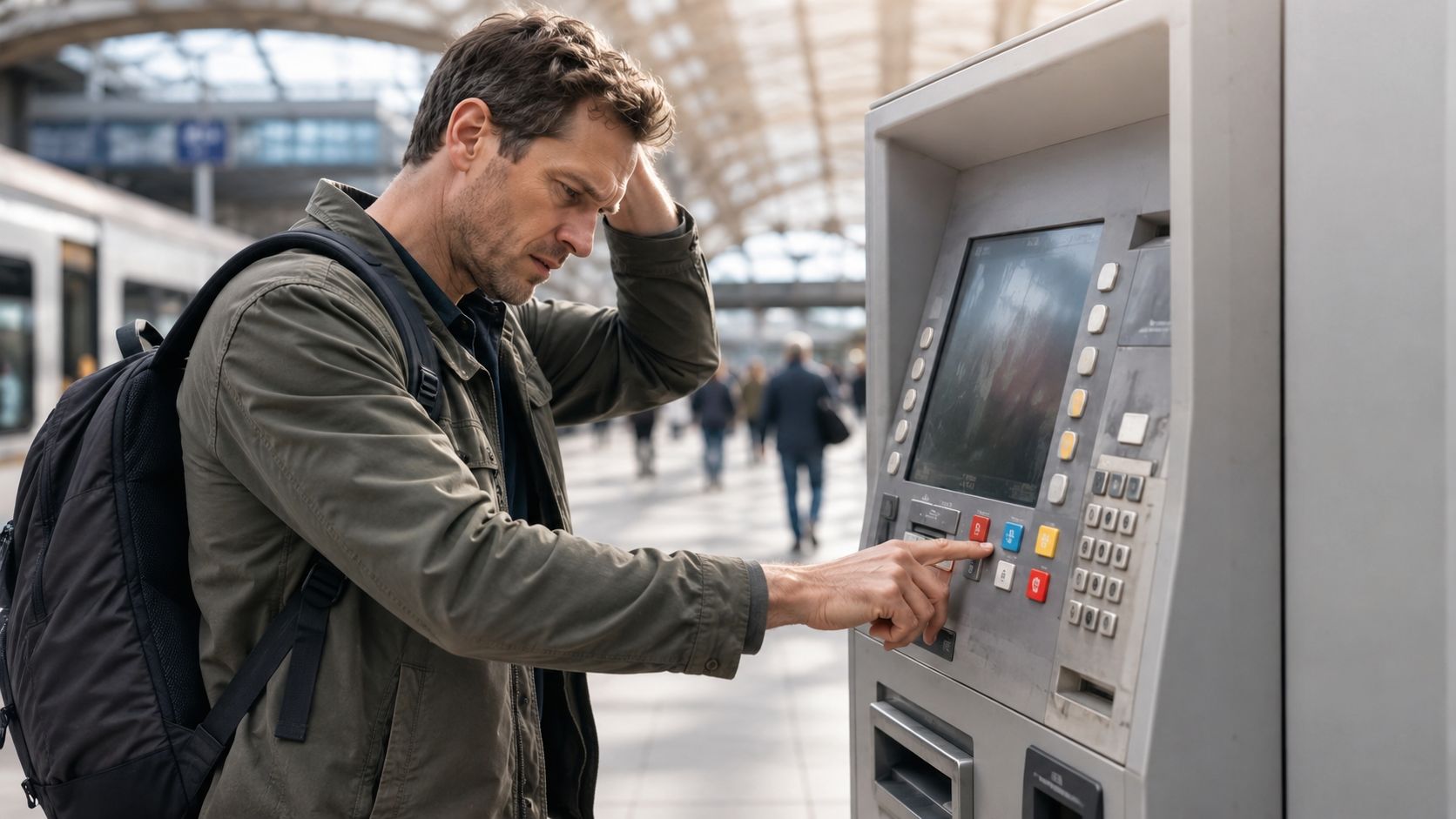 Un homme perplexe utilise une borne automatique dans une gare, illustrant les difficultés avec l'interface utilisateur.