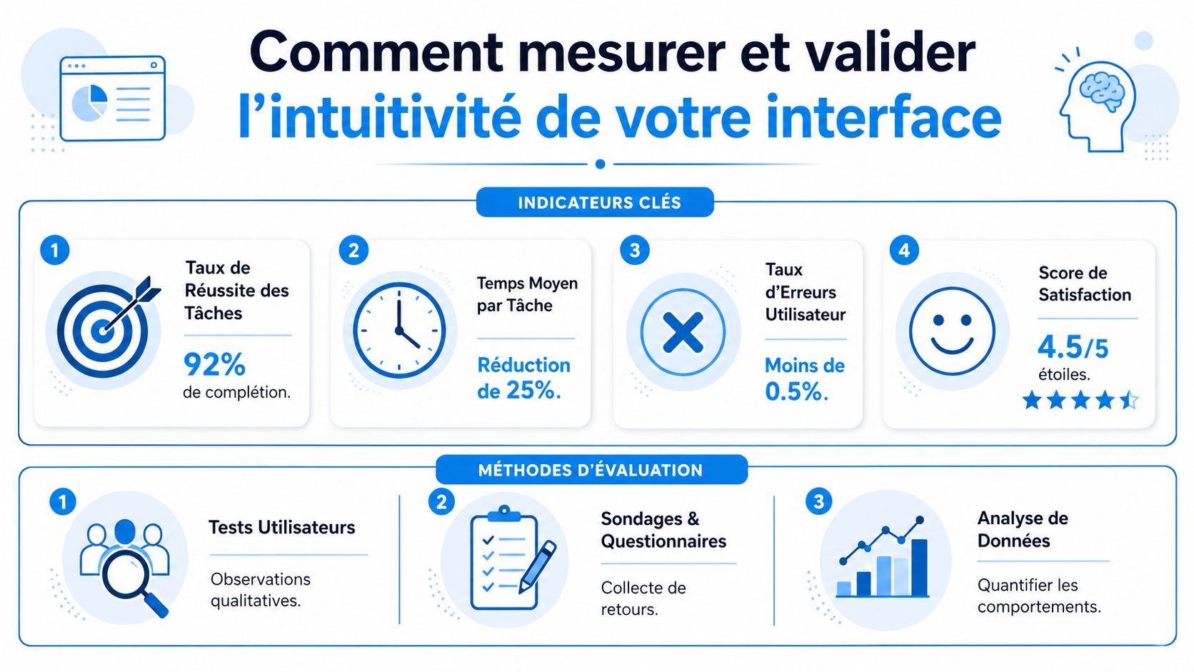 Infographie illustrant les indicateurs clés et méthodes d'évaluation pour mesurer l'intuitivité d'une interface utilisateur.