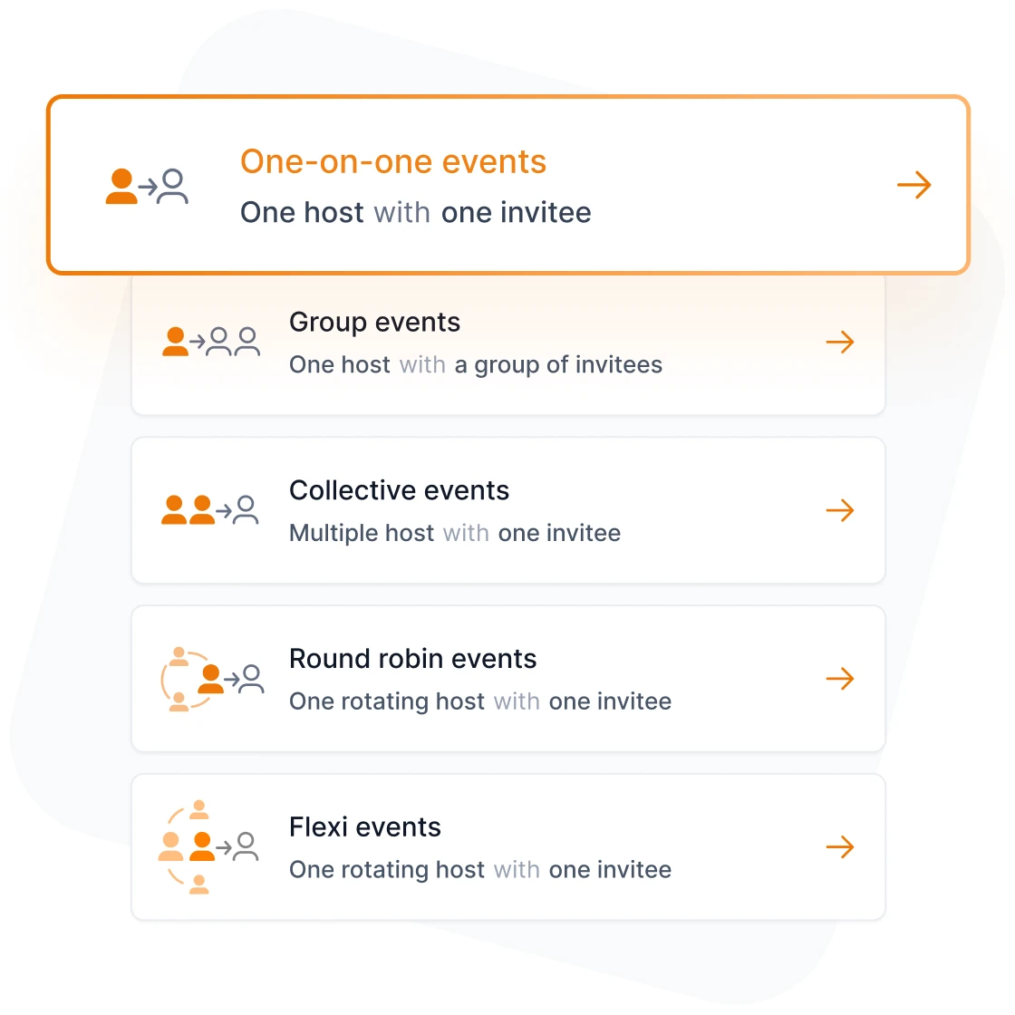 Event type selection menu showing five options: one-on-one, group, collective, round robin, and flexi events with host-invitee configurations.