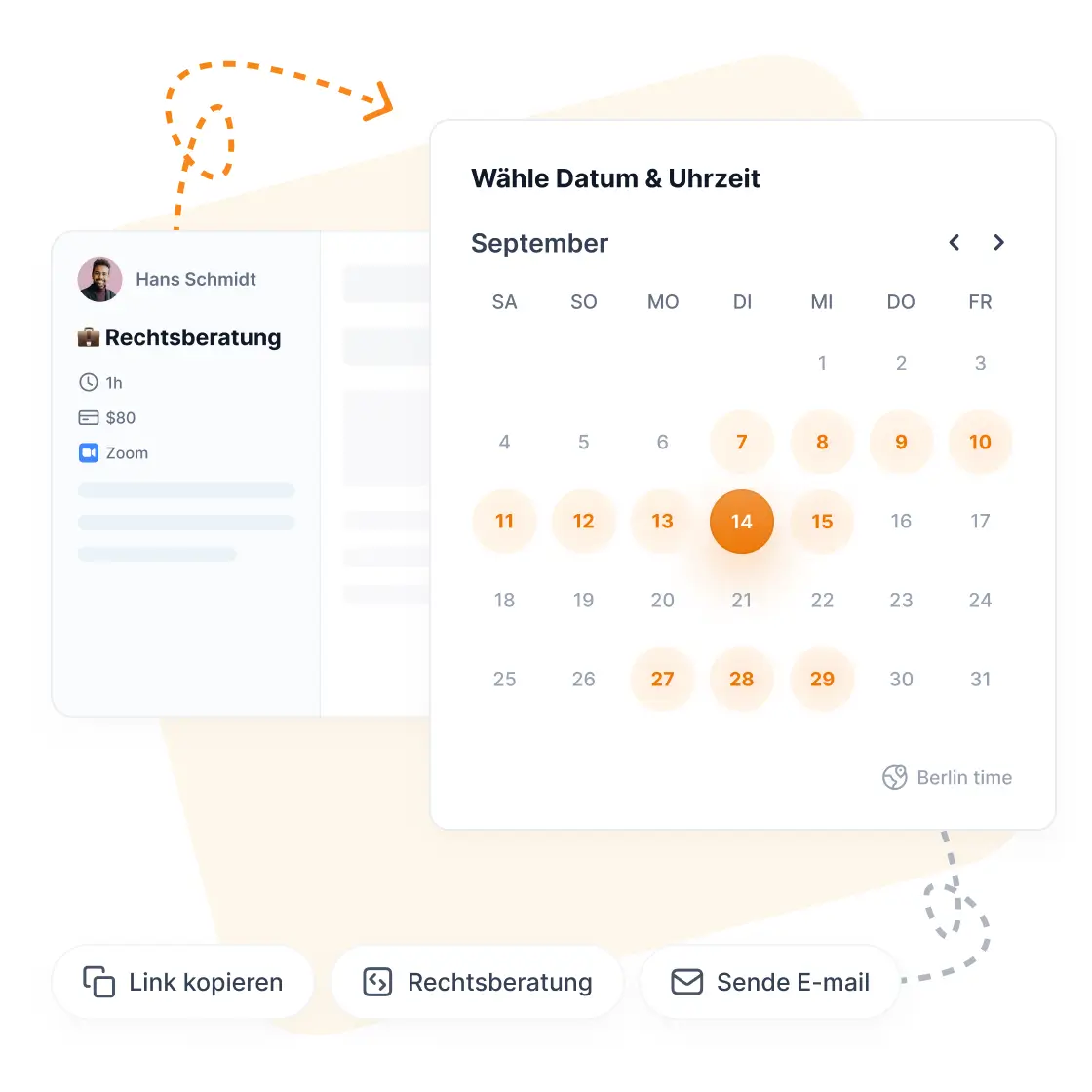 Calendar interface showing available tax consultation slots with Jackie Medhurst. Service details include 1.5 hour sessions via Google Meet for $88, with September dates highlighted and Berlin time zone displayed.