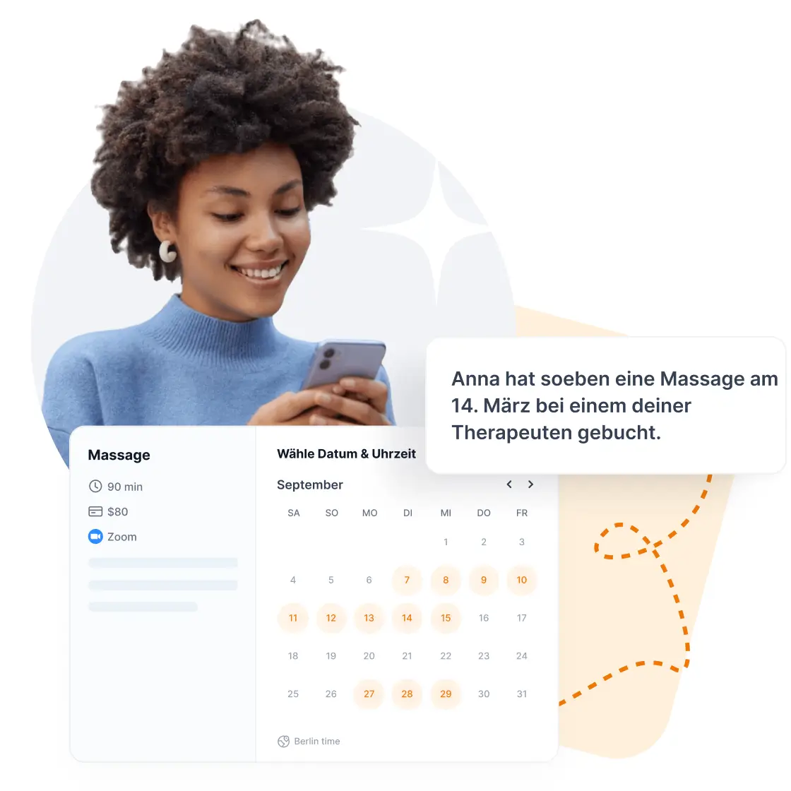 Business coach profile card showing service details, social media links, and location. Features a professional photo and business coaching session image.
