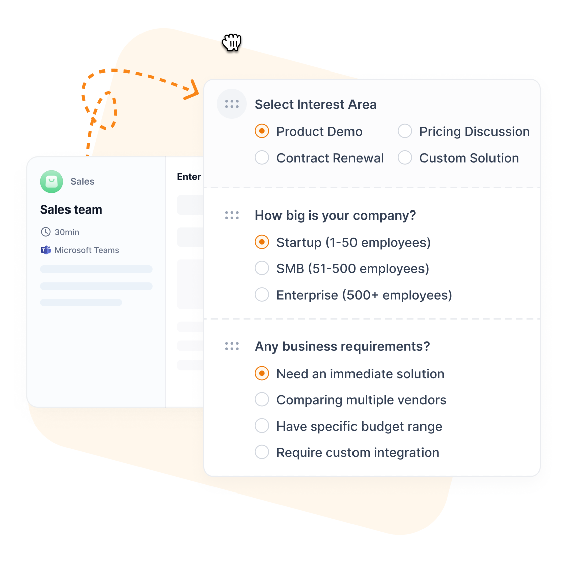 Sales team booking form with qualification questions about interest area, company size, and business requirements.
