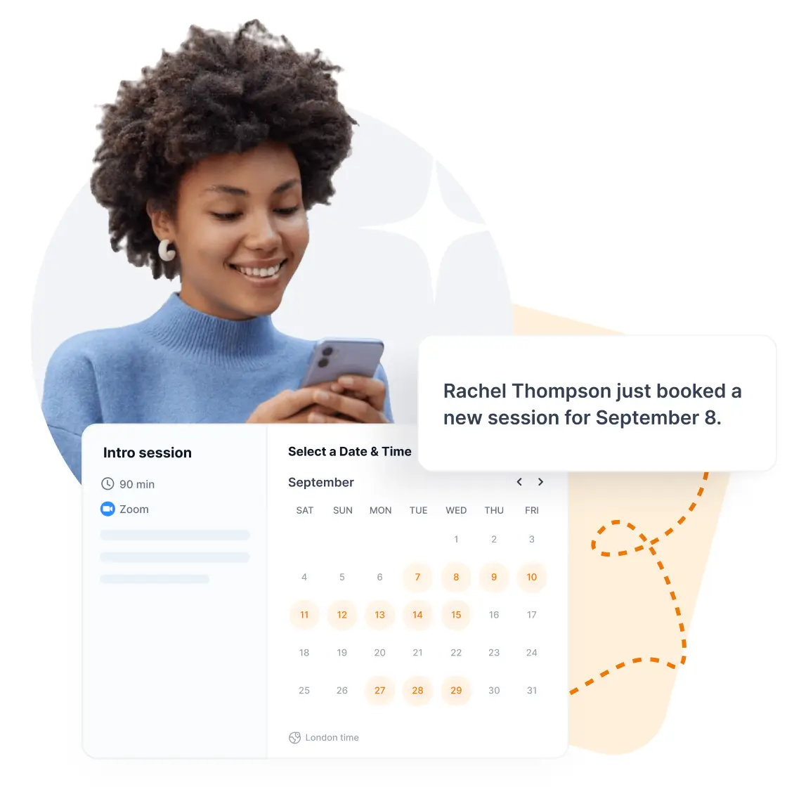 Woman smiling while using phone to book an intro session, with calendar interface showing September dates and booking confirmation for Rachel Thompson.