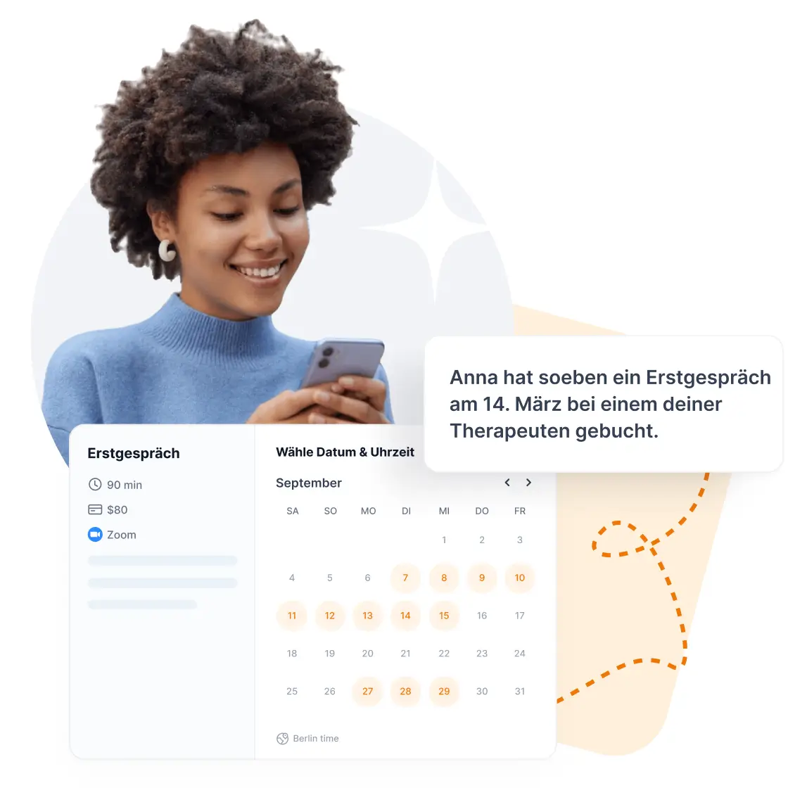 Terminbuchungsinterface für Therapie-Erstgespräch mit Frau am Smartphone und September-Kalender zur Datums- und Uhrzeitauswahl.