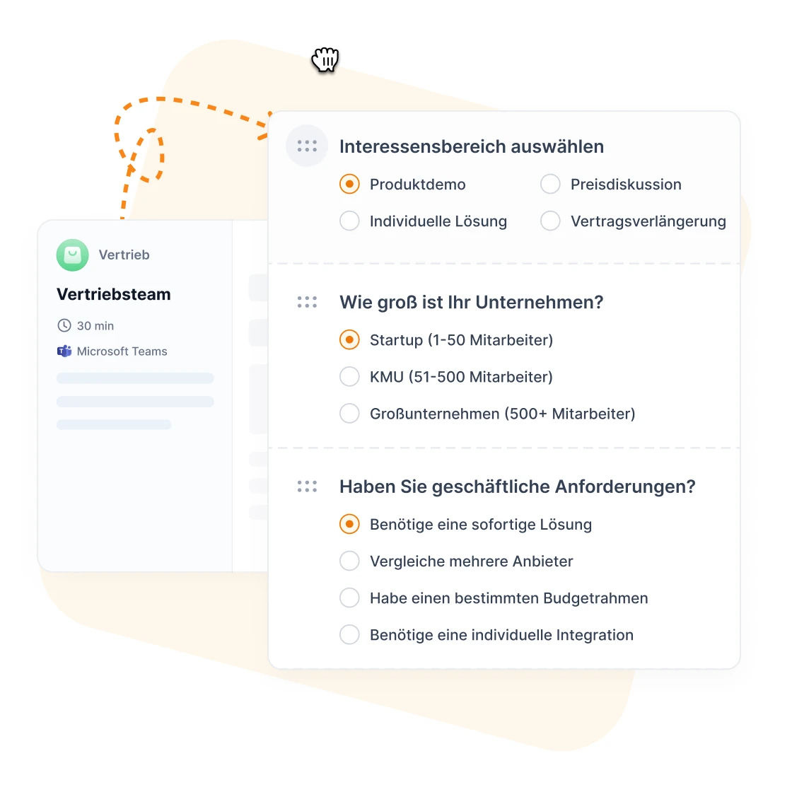 Formular mit drei Fragen: Interessensbereich auswählen, Wie groß ist Ihr Unternehmen, und Haben Sie geschäftliche Anforderungen. Links sichtbar: Vertriebsteam, 30 min, Microsoft Teams.