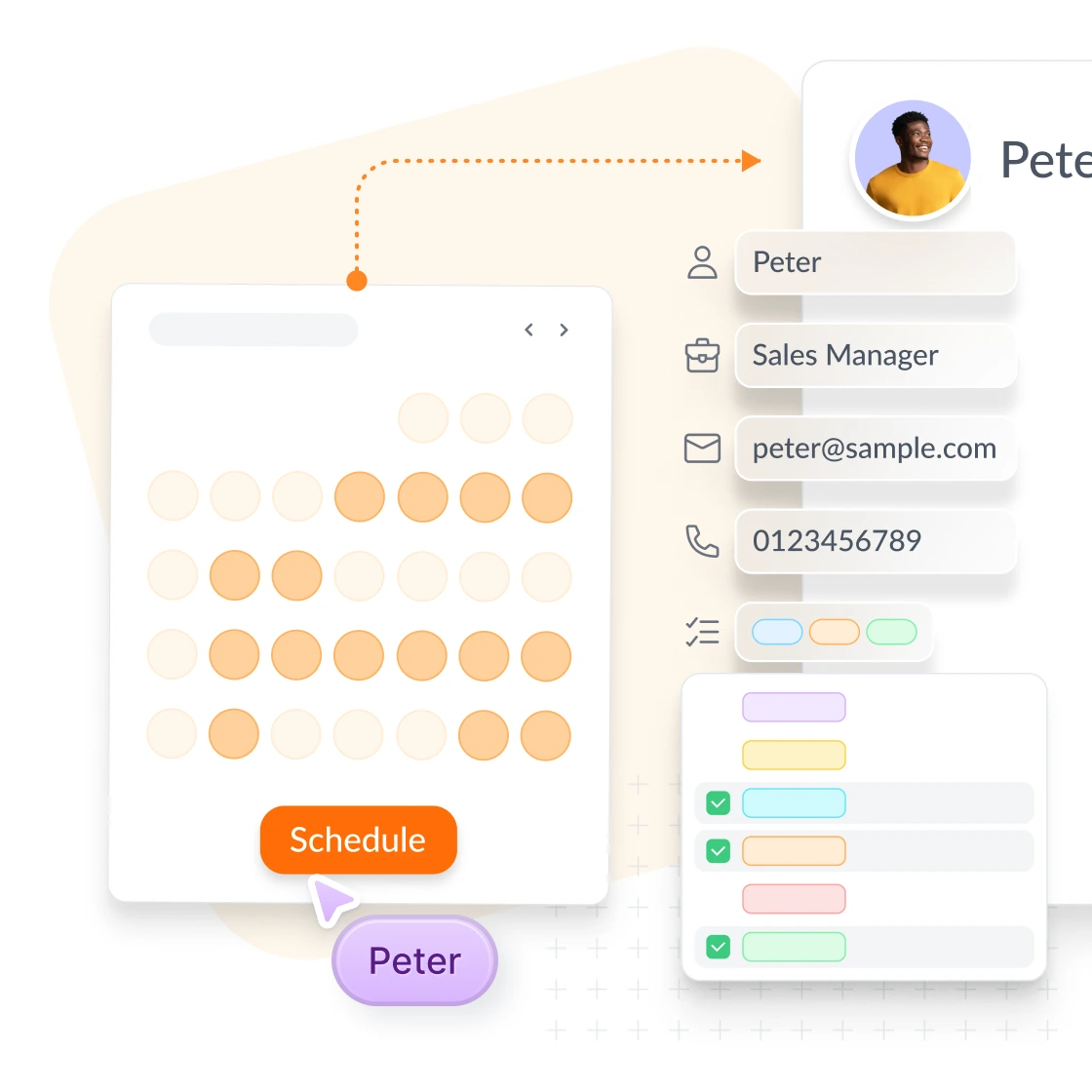 Business coach profile card showing service details, social media links, and location. Features a professional photo and business coaching session image.
