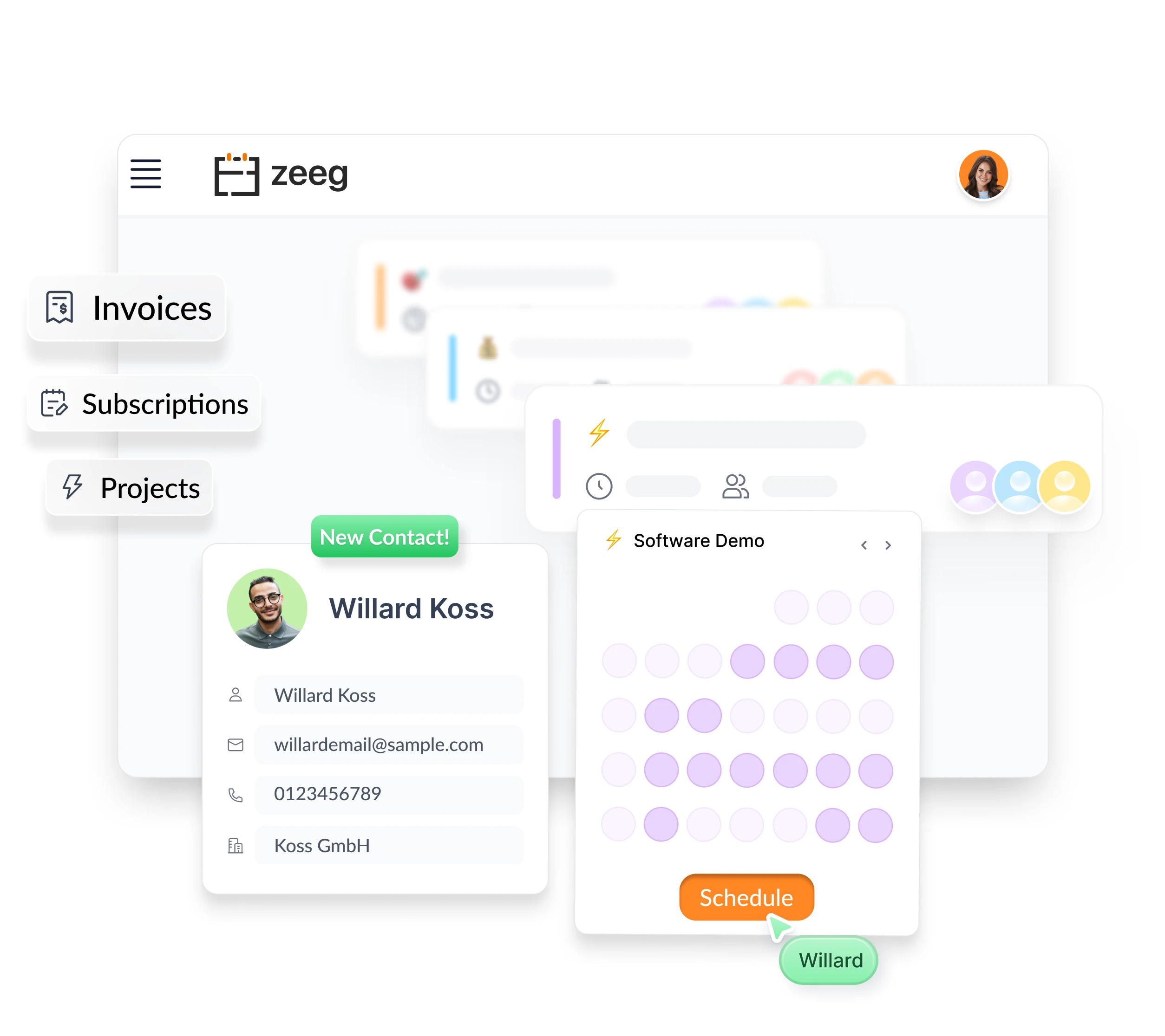 Zeeg CRM interface showing contact card for Willard Koss including email, phone number, and company details, alongside a Software Demo scheduling calendar with time slots and Schedule button