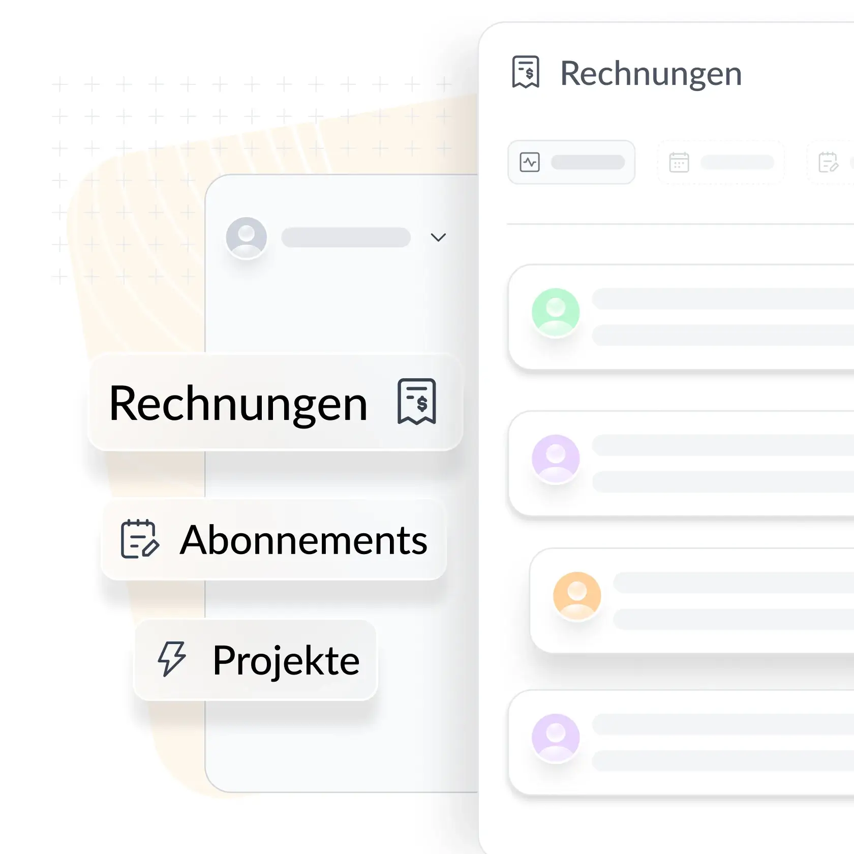 Navigationsmenü mit drei Optionen: Rechnungen, Abonnements und Projekte. Rechts eine Liste von Rechnungen mit Benutzer-Avataren in verschiedenen Farben.