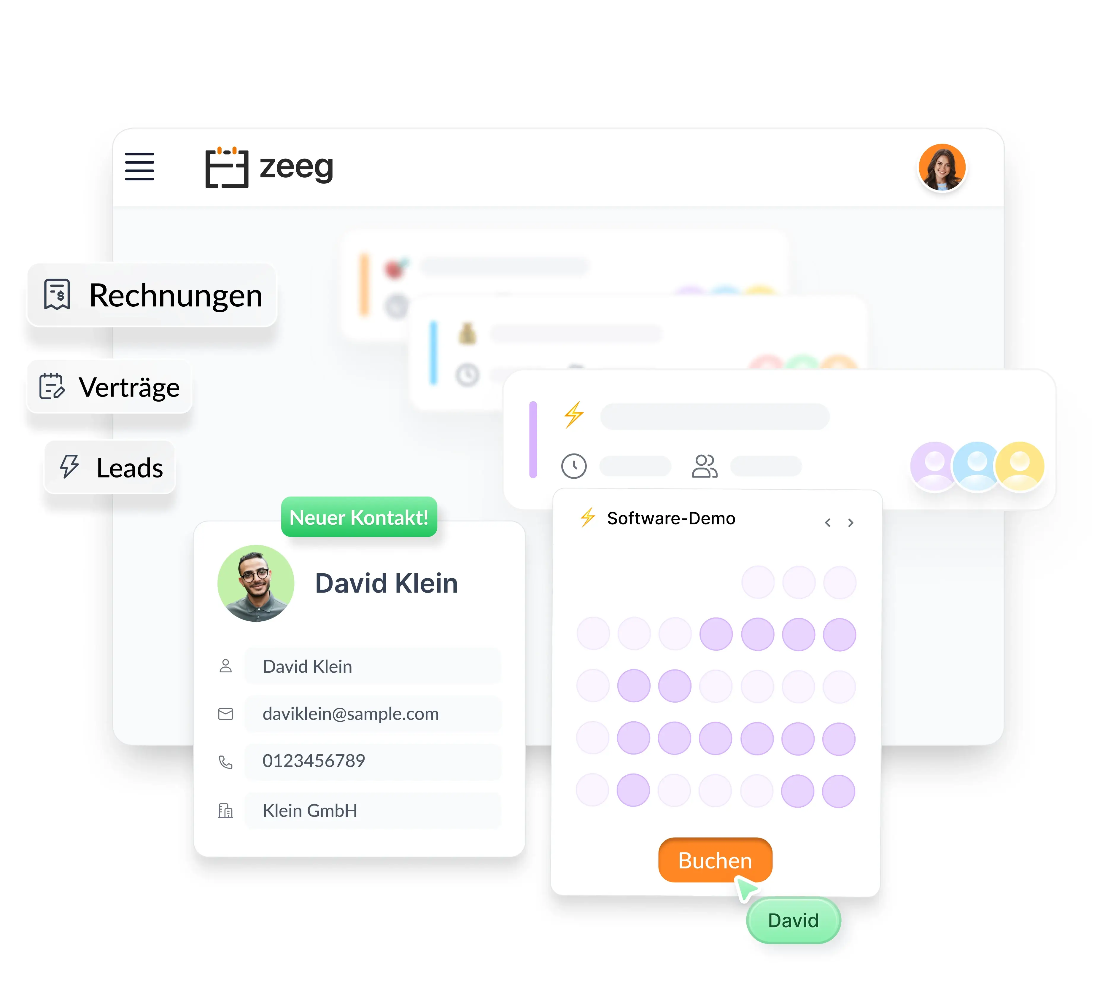 Zeeg CRM-Oberfläche mit Seitenmenü für Rechnungen, Verträge und Leads, Kontaktkarte von David Kleine mit E-Mail und Telefonnummer, und Software-Demo-Kalender mit Buchungsbutton.