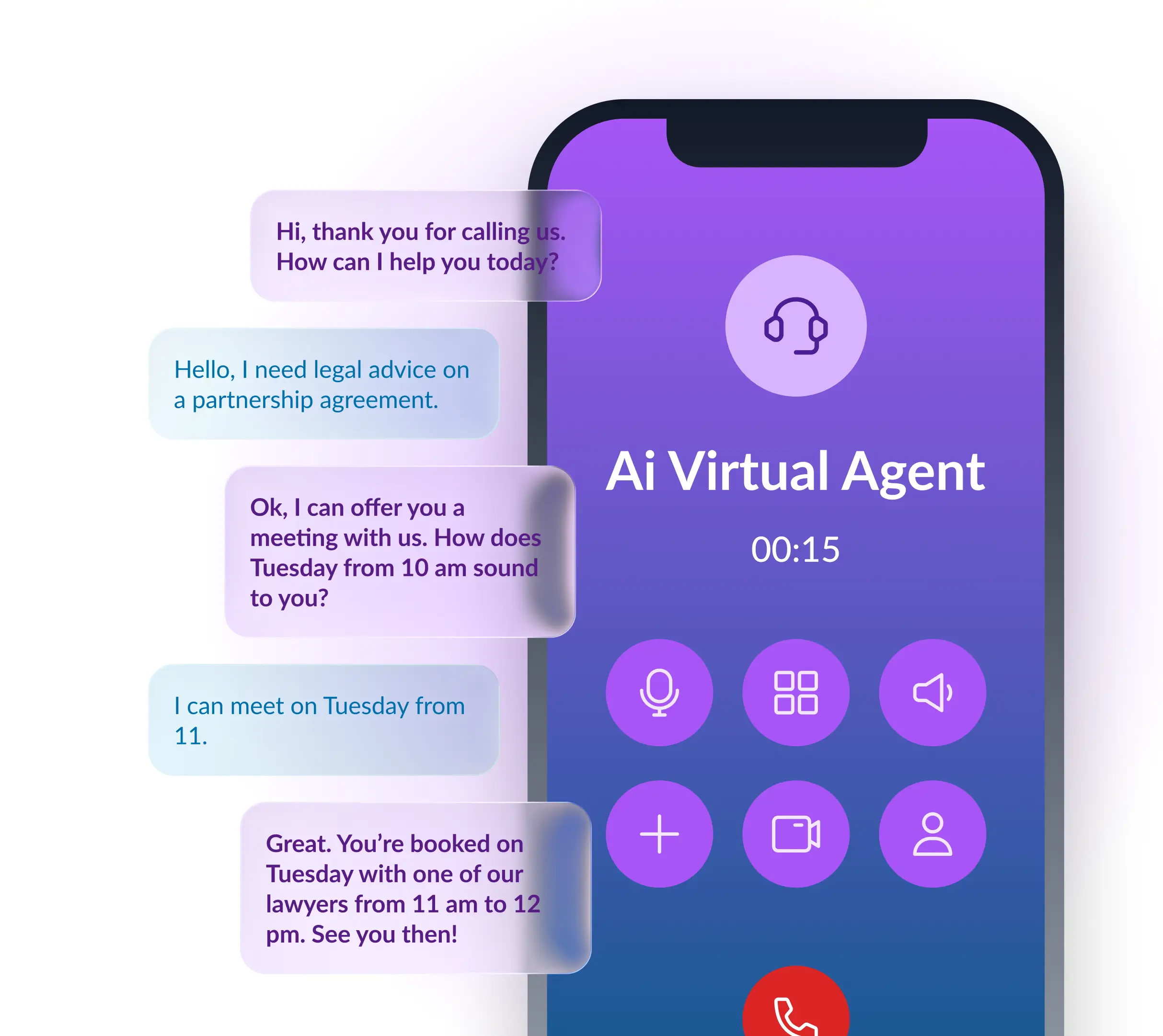 Mobile phone screen showing an AI Virtual Agent call interface with a chat conversation about scheduling a legal consultation appointment.