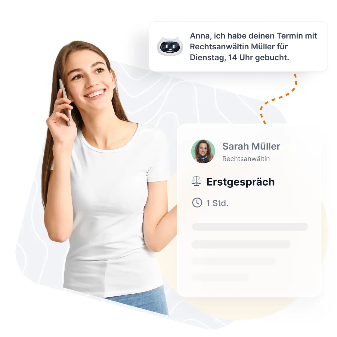 Frau telefoniert mit KI Telefonassistenten, der automatisch einen Termin mit Rechtsanwältin Müller bucht.