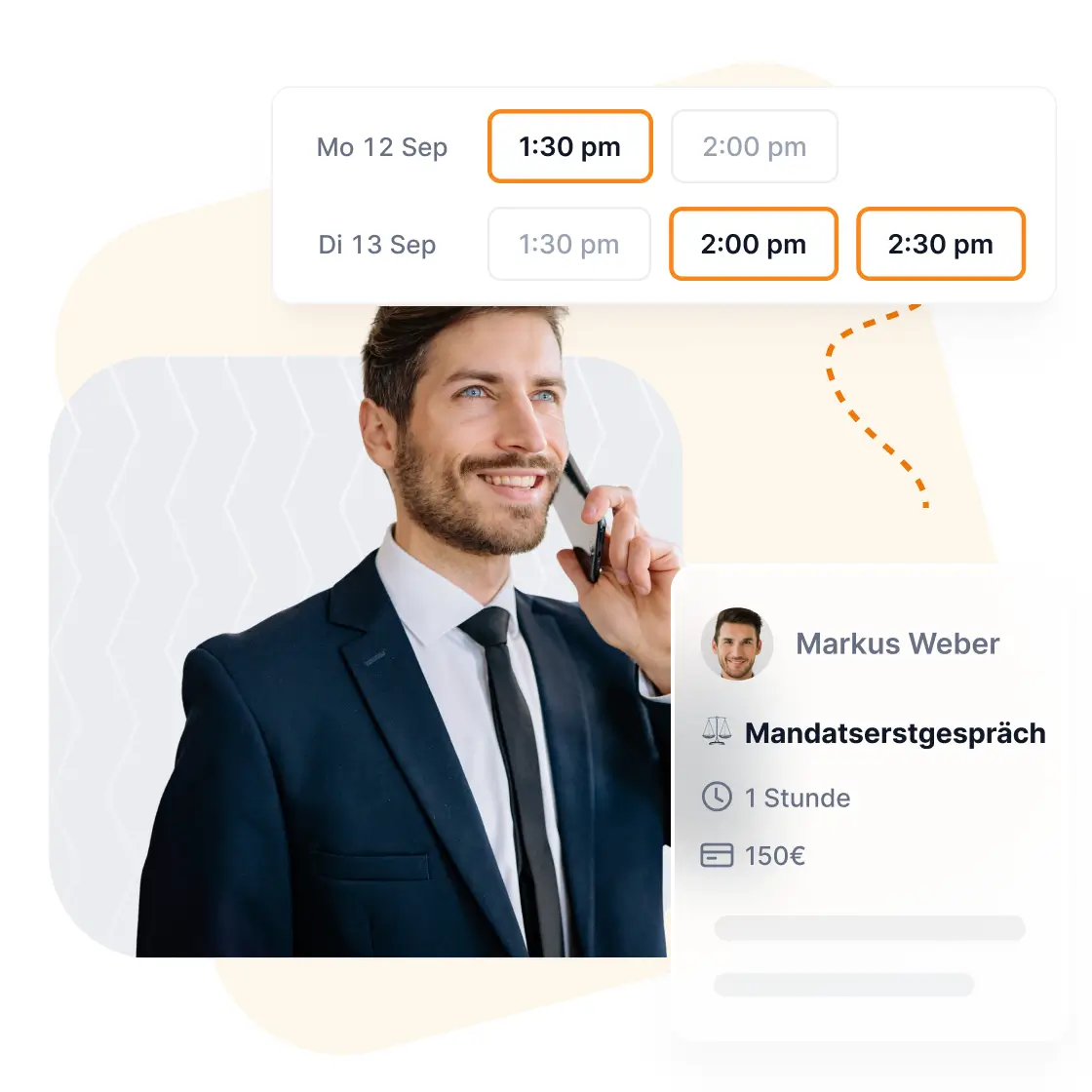 Mann im Anzug telefoniert mit KI Telefonassistenten, der automatisch einen Erstgesprächstermin mit einem Rechtsanwalt bucht.