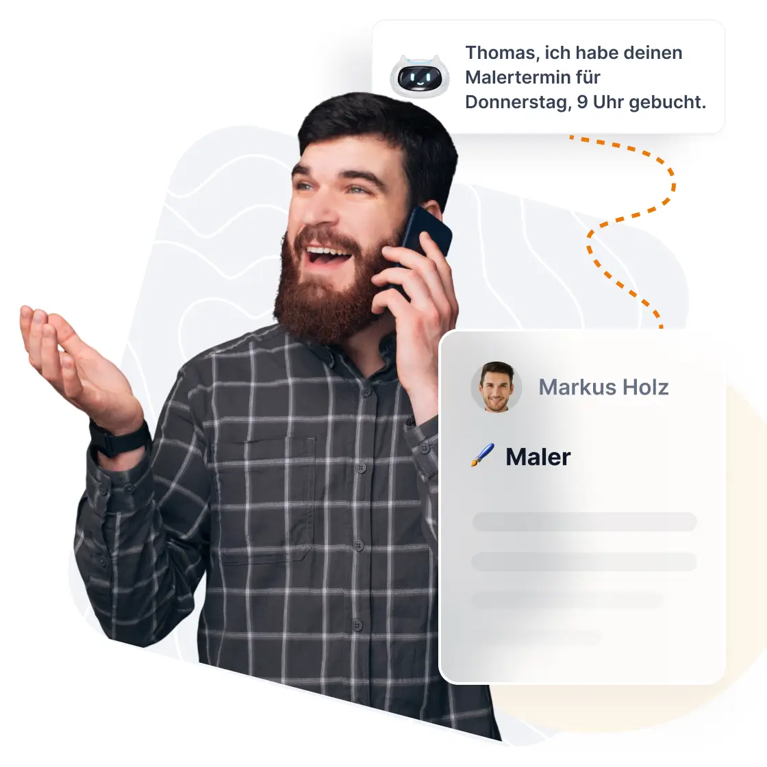 Bärtiger Mann im karierten Hemd telefoniert erfreut — Zeeg KI Telefonassistent hat automatisch einen Malertermin für Donnerstag 9 Uhr gebucht.