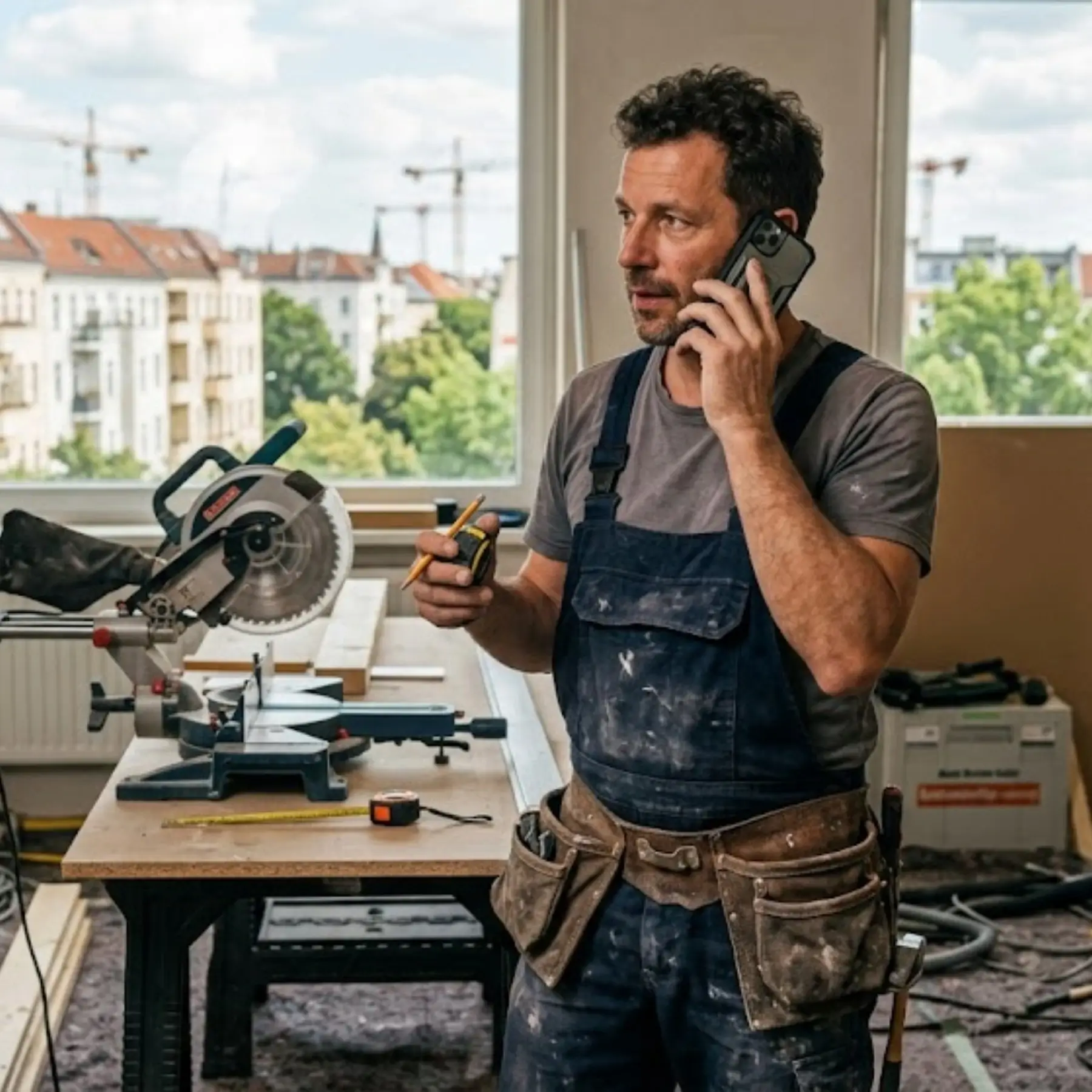 Handwerker in Latzhose und Werkzeuggürtel telefoniert auf einer Baustelle, neben ihm eine Kappsäge auf einem Arbeitstisch.