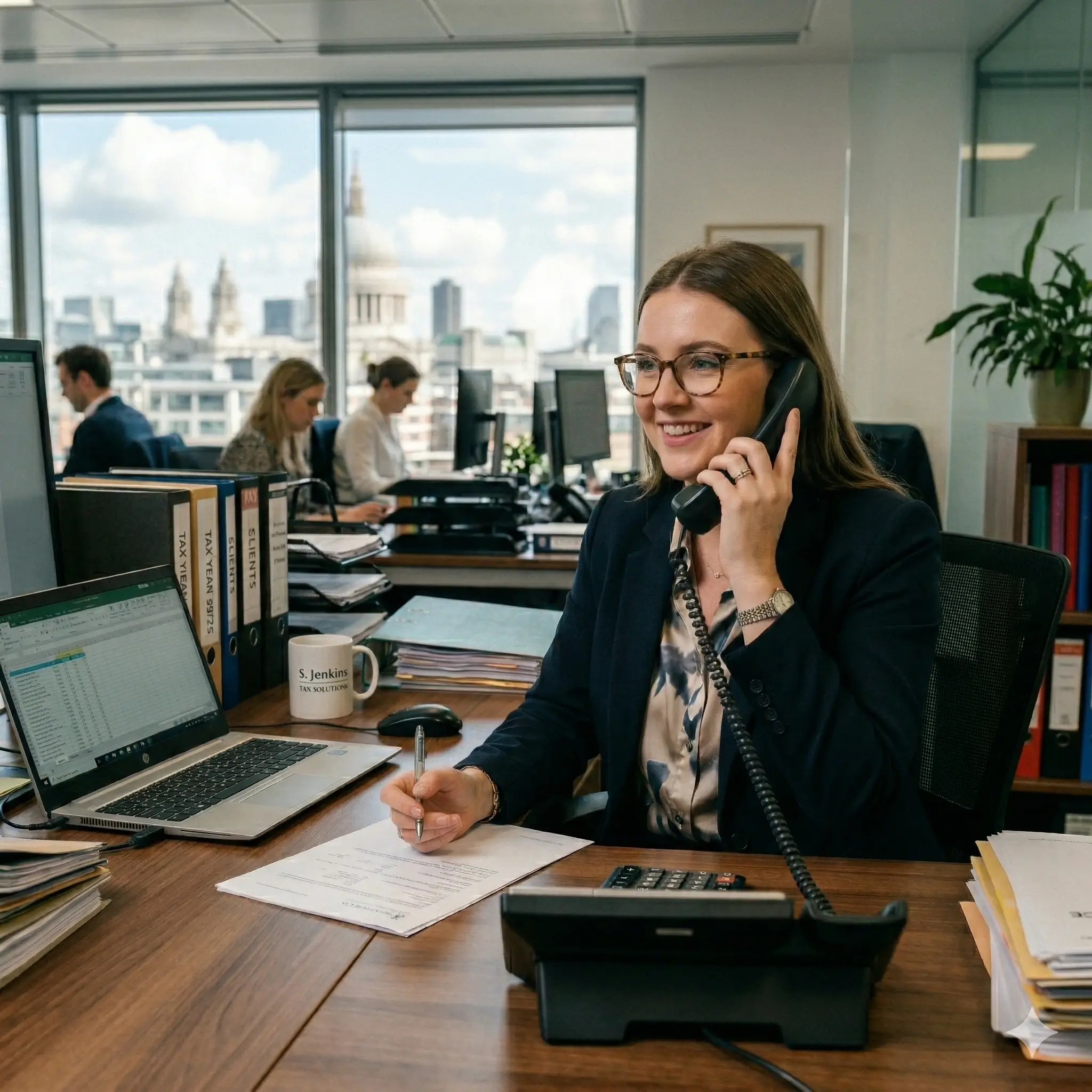 Eine junge, lächelnde Frau mit Brille sitzt in einem modernen Großraumbüro am Schreibtisch und telefoniert. Sie schreibt dabei auf ein Dokument. Durch die großen Fenster hinter ihr ist die Londoner Skyline mit der St Paul’s Cathedral zu sehen.