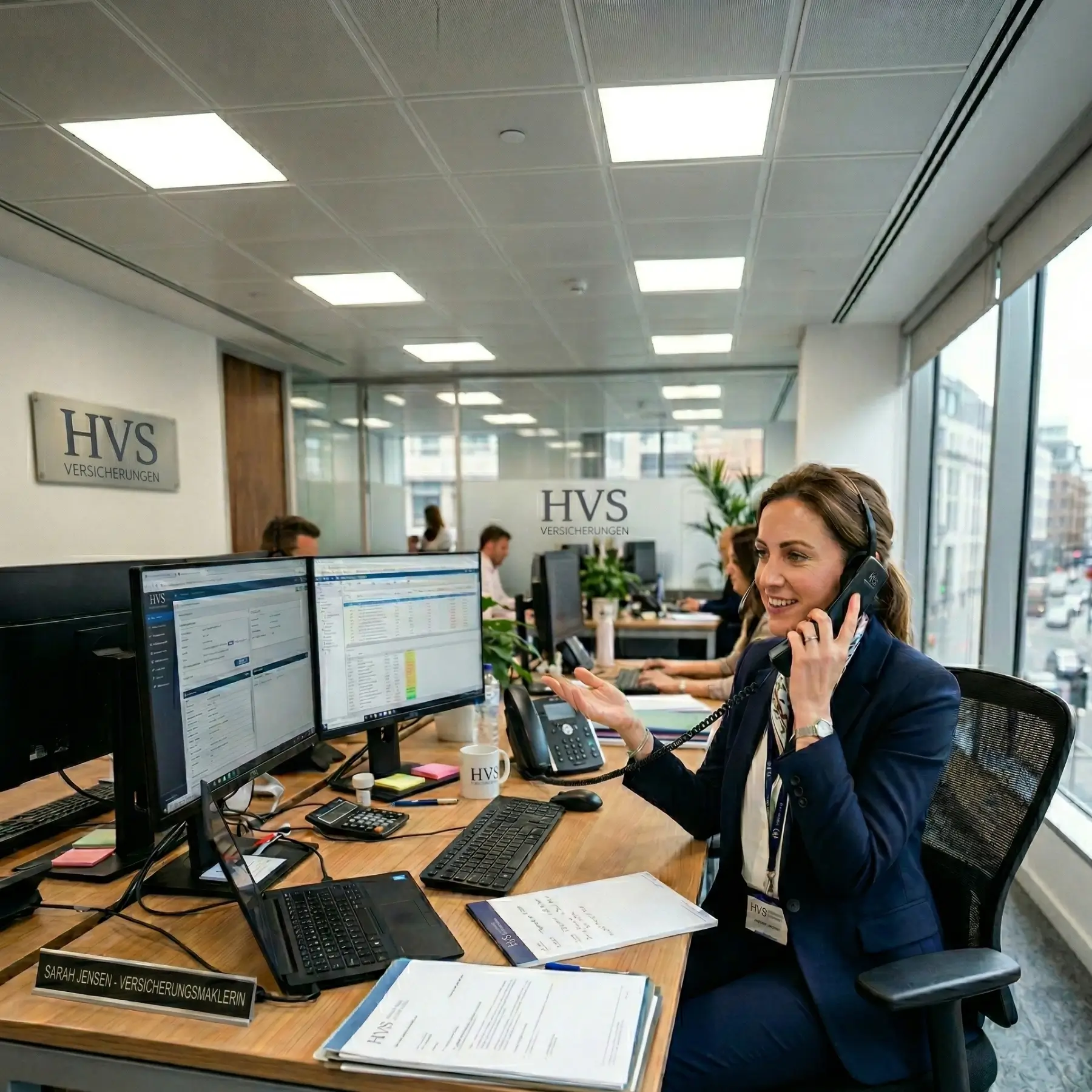 Eine freundliche Versicherungsmaklerin am Schreibtisch telefoniert über ein Headset in einem modernen Büro. Im Hintergrund ist ein Firmenschild mit der Aufschrift 'HVS – Versicherungen' zu sehen, auf dem Schreibtisch befinden sich zwei Monitore mit Analysesoftware.