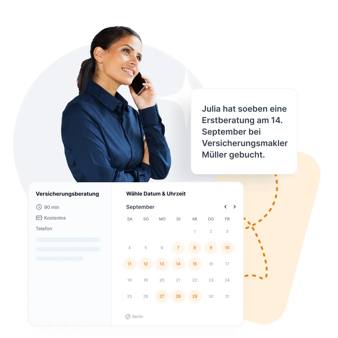 Versicherungsmaklerin telefoniert, während der Zeeg KI Telefonassistent automatisch einen Beratungstermin in den Kalender bucht.