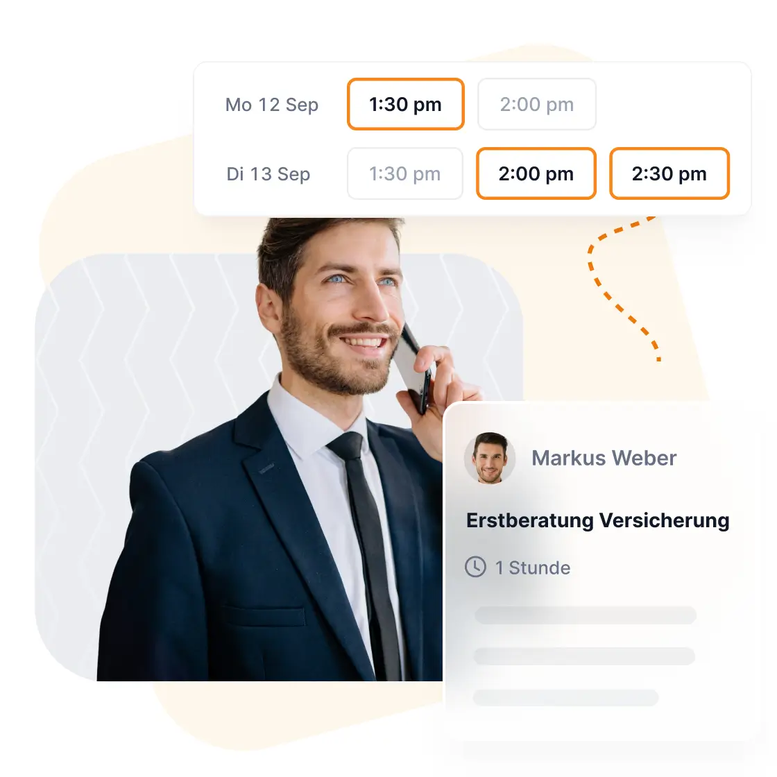 Versicherungsmakler telefoniert, während der Zeeg KI Telefonassistent automatisch einen Beratungstermin in den Kalender einbucht.