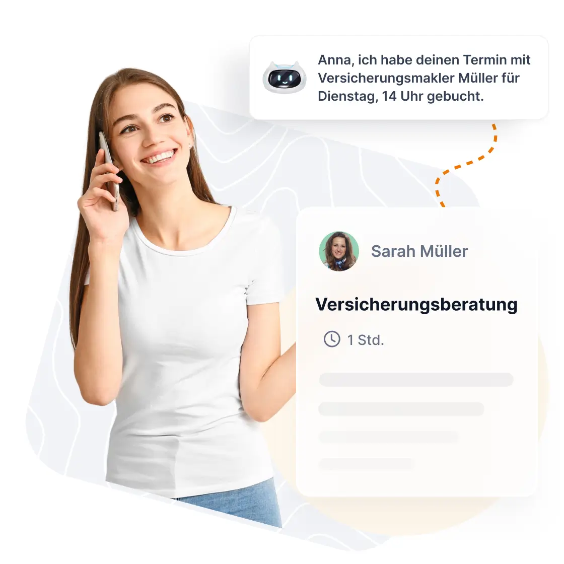 Kundin telefoniert mit dem Zeeg KI Sprachassistenten, der automatisch einen Versicherungsberatungstermin bestätigt.
