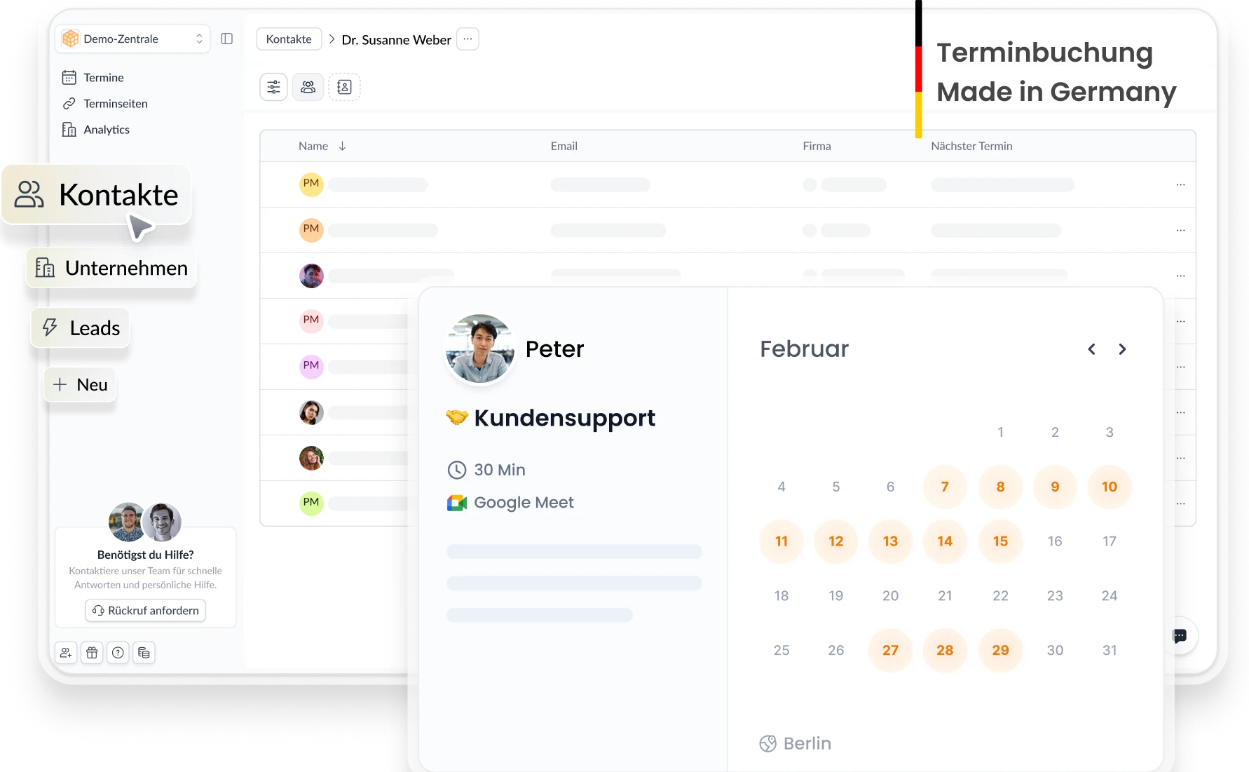 Zeeg Dashboard mit Kontakten, Unternehmen und Leads im CRM sowie einer Kalenderansicht zur Terminbuchung – „Terminbuchung Made in Germany"