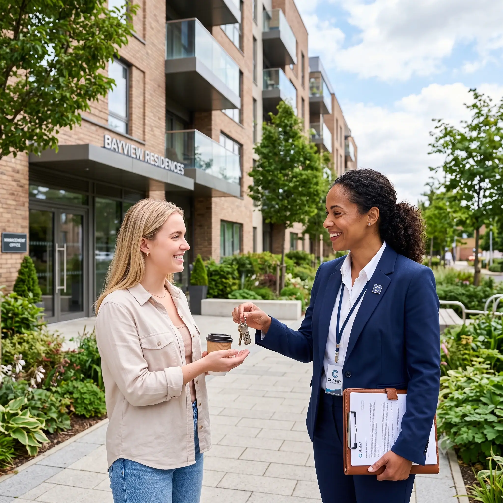 A property manager handing apartment keys to a smiling new tenant outdoors in front of a modern residential building.