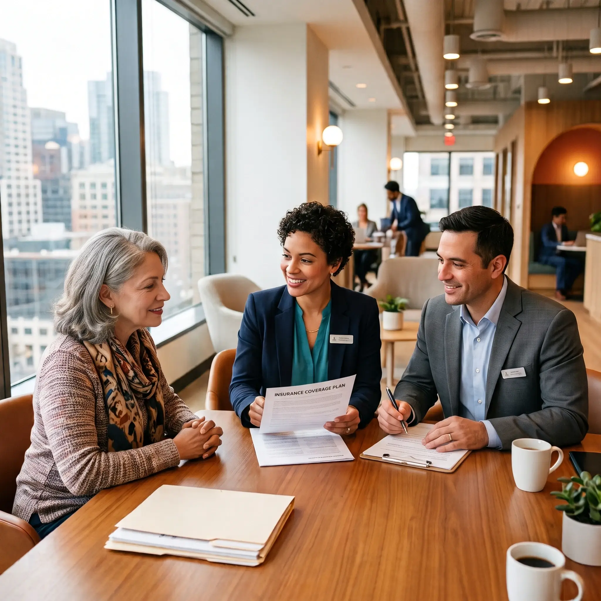 Two insurance professionals and one female customer sitting around a conference table in an office, discussing a document titled 'Insurance Coverage Plan'.