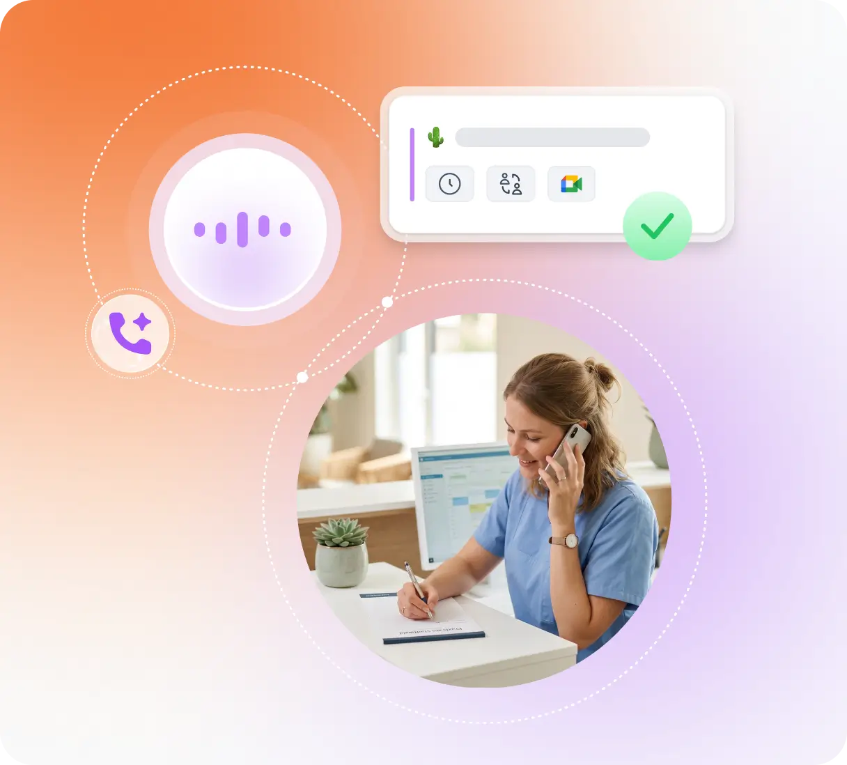 Sprachassistent-Symbol neben Praxismitarbeiterin am Telefon mit Notizen