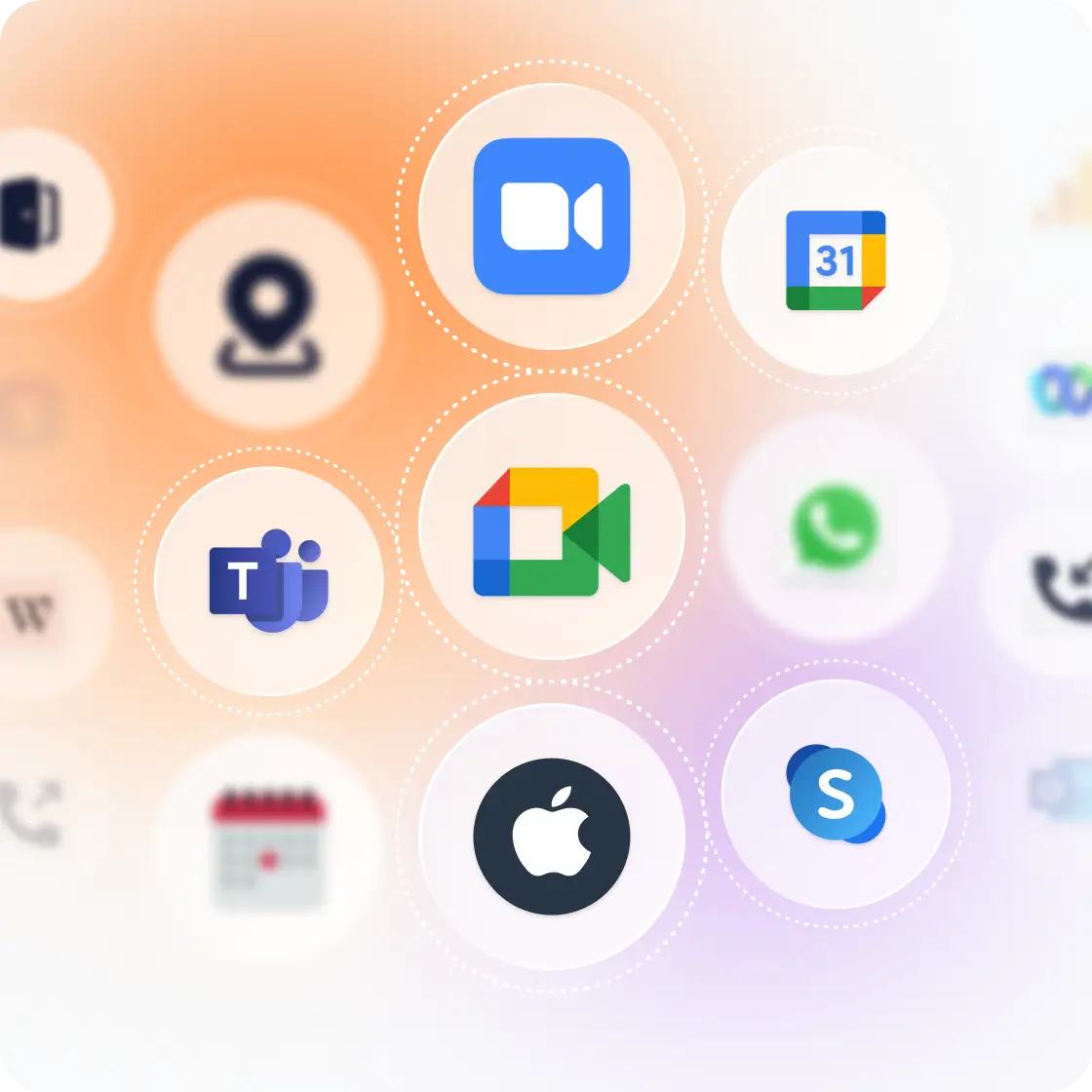 Symbole von Zoom, Google Kalender, Meet, WhatsApp, Teams, Apple und Skype
