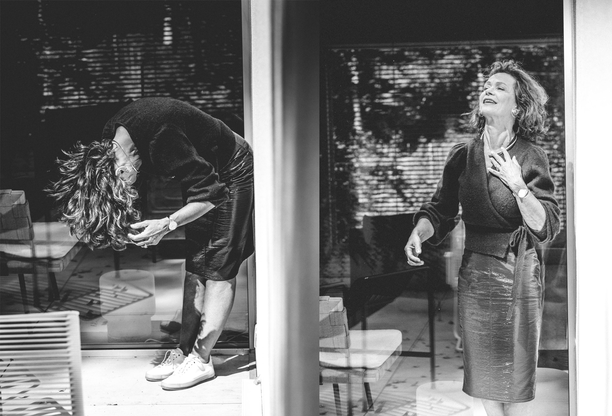 Black-and-white collage of mid shots of Liesbeth Dillen in motion, playing with her hair and necklace
