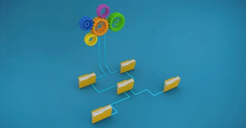 Ilustração de engrenagens conectadas a pastas, representando um workflow de documentos