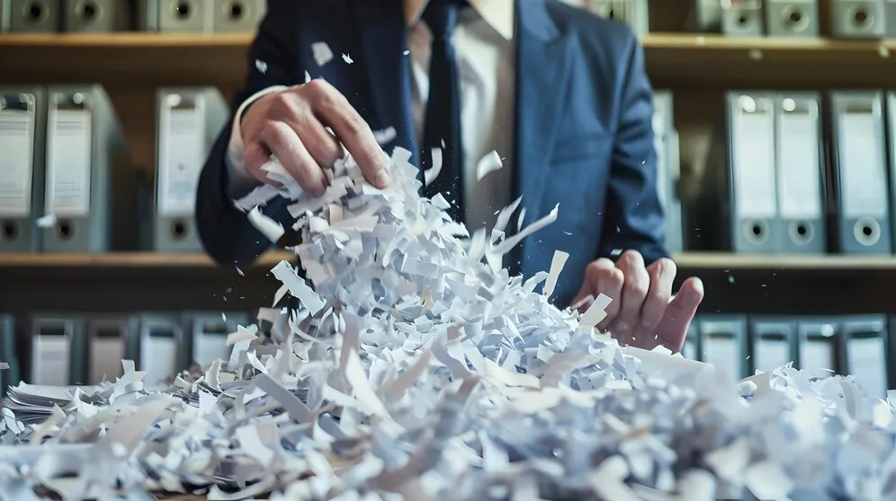 Mão sobre uma pilha de papel triturado em frente a um arquivo de pastas