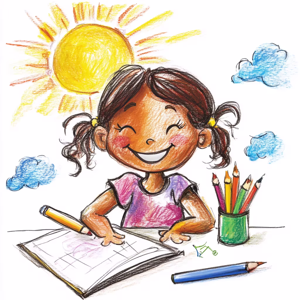 A girl sitting in front of a sun, smiling while doing homework.